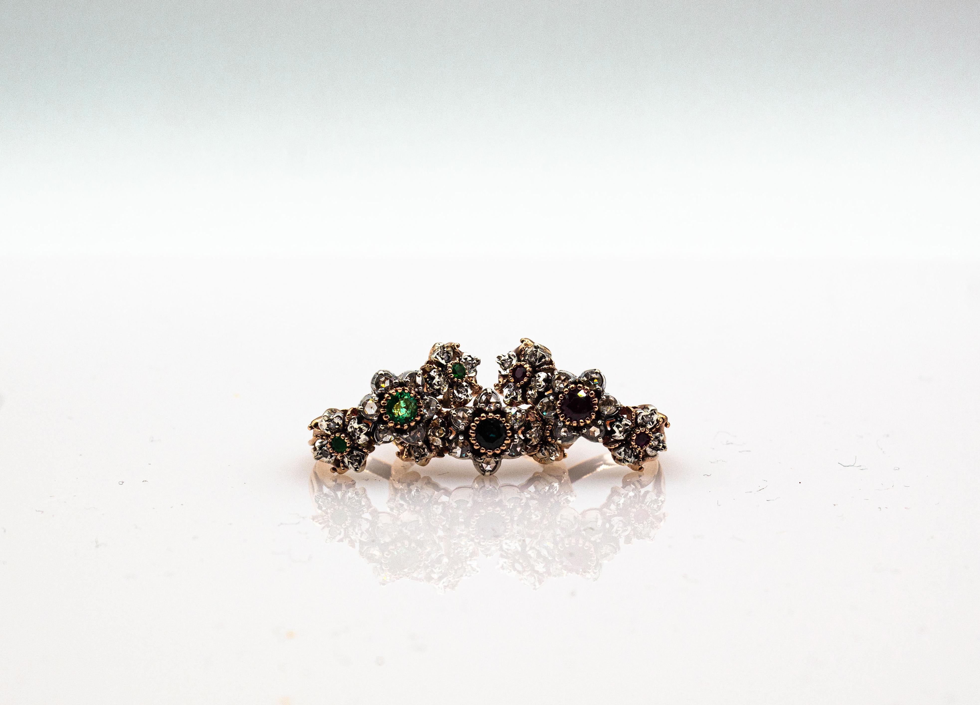 This Ring is made of 9K Yellow Gold and Sterling Silver.
This Ring has 0.22 Carats of White Rose Cut Diamonds.
This Ring has 0.60 Carats of Modern Round Cut Emeralds.

This Ring is available also in 14 or 18K Yellow or White Gold.
This Ring is
