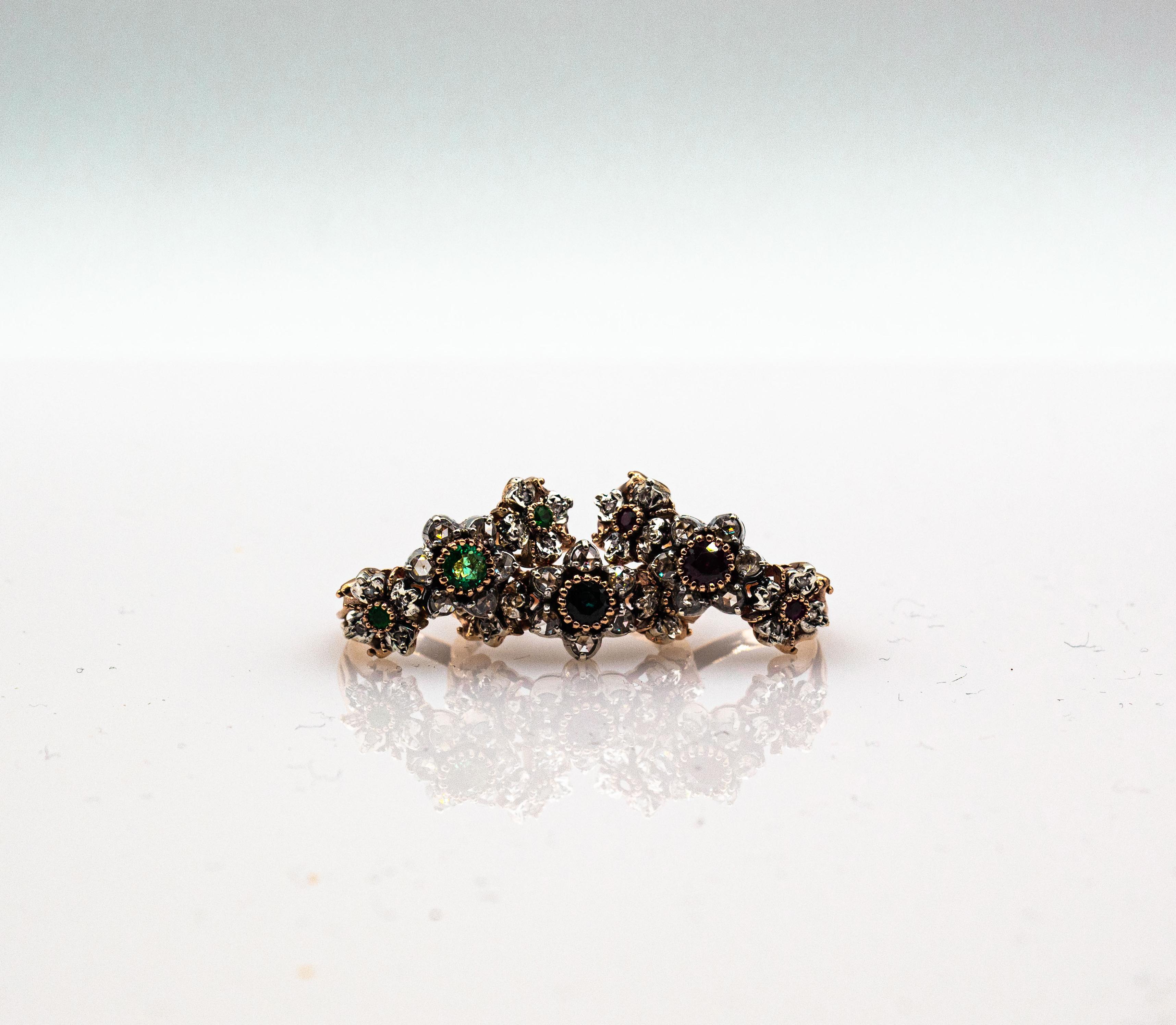 Art Deco Style 0.82 Carat White Rose Cut Diamond Emerald Yellow Gold Band Ring In New Condition For Sale In Naples, IT