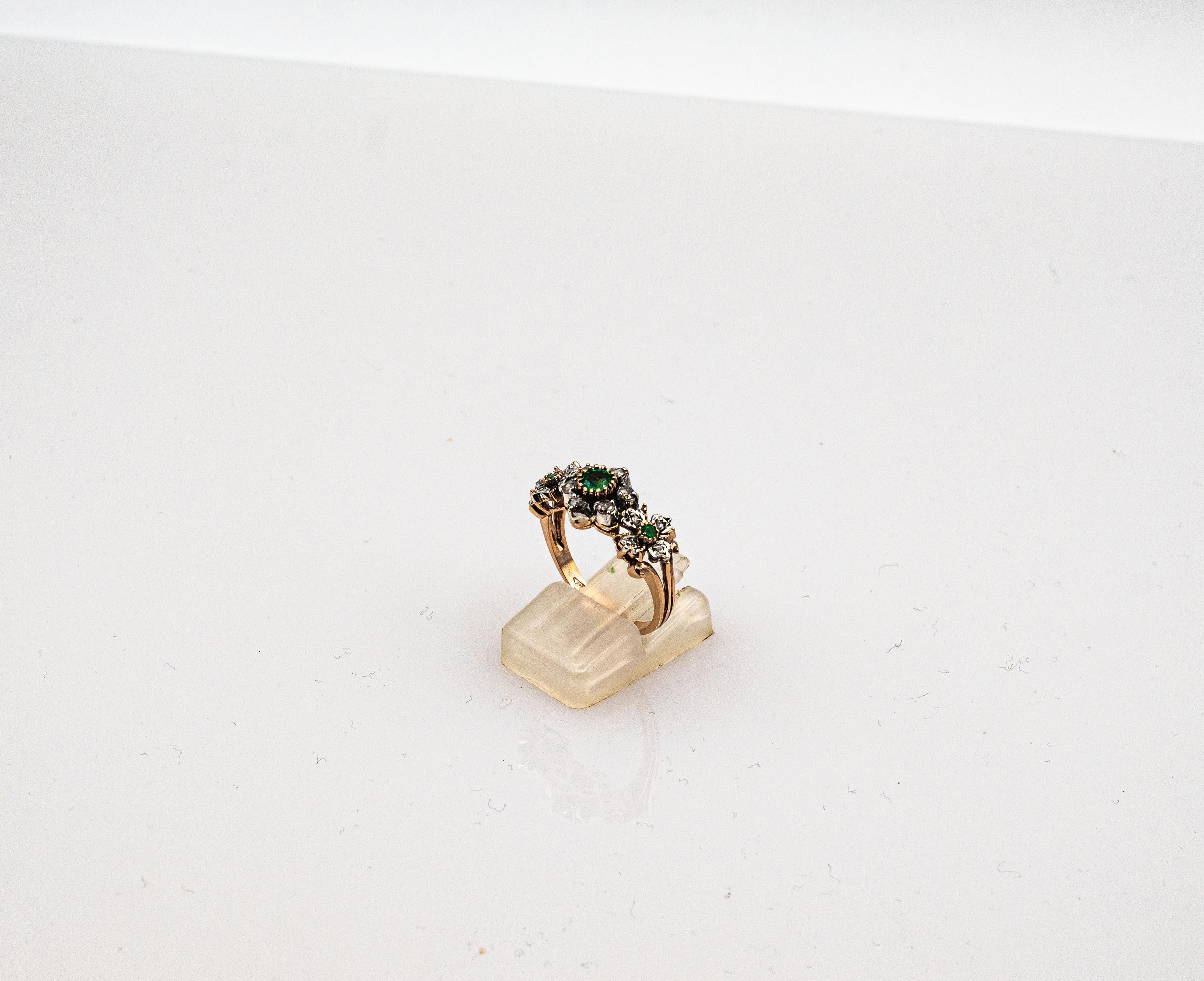 Art Deco Style 0.82 Carat White Rose Cut Diamond Emerald Yellow Gold Band Ring 1
