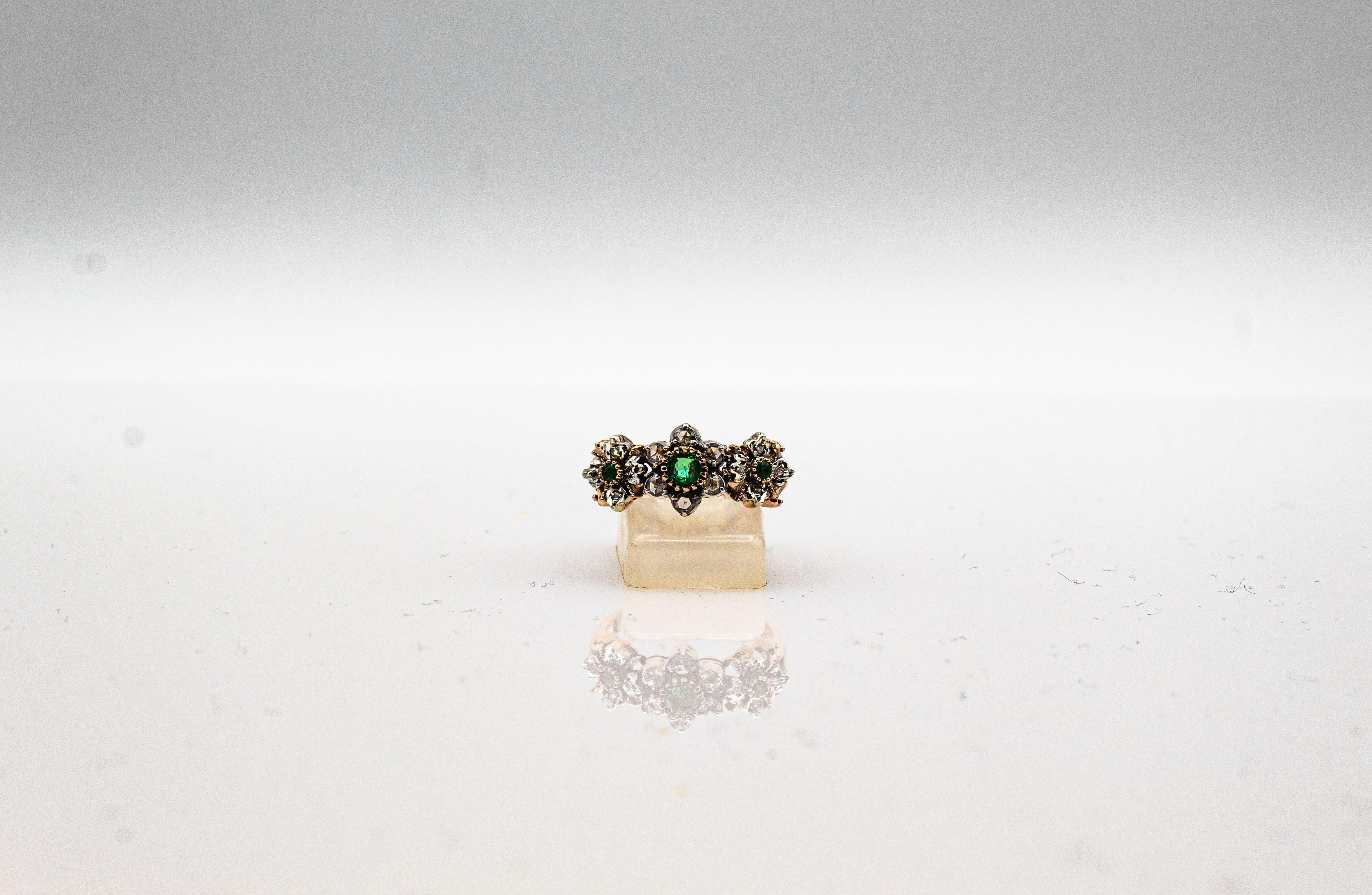 Art Deco Style 0.82 Carat White Rose Cut Diamond Emerald Yellow Gold Band Ring 2