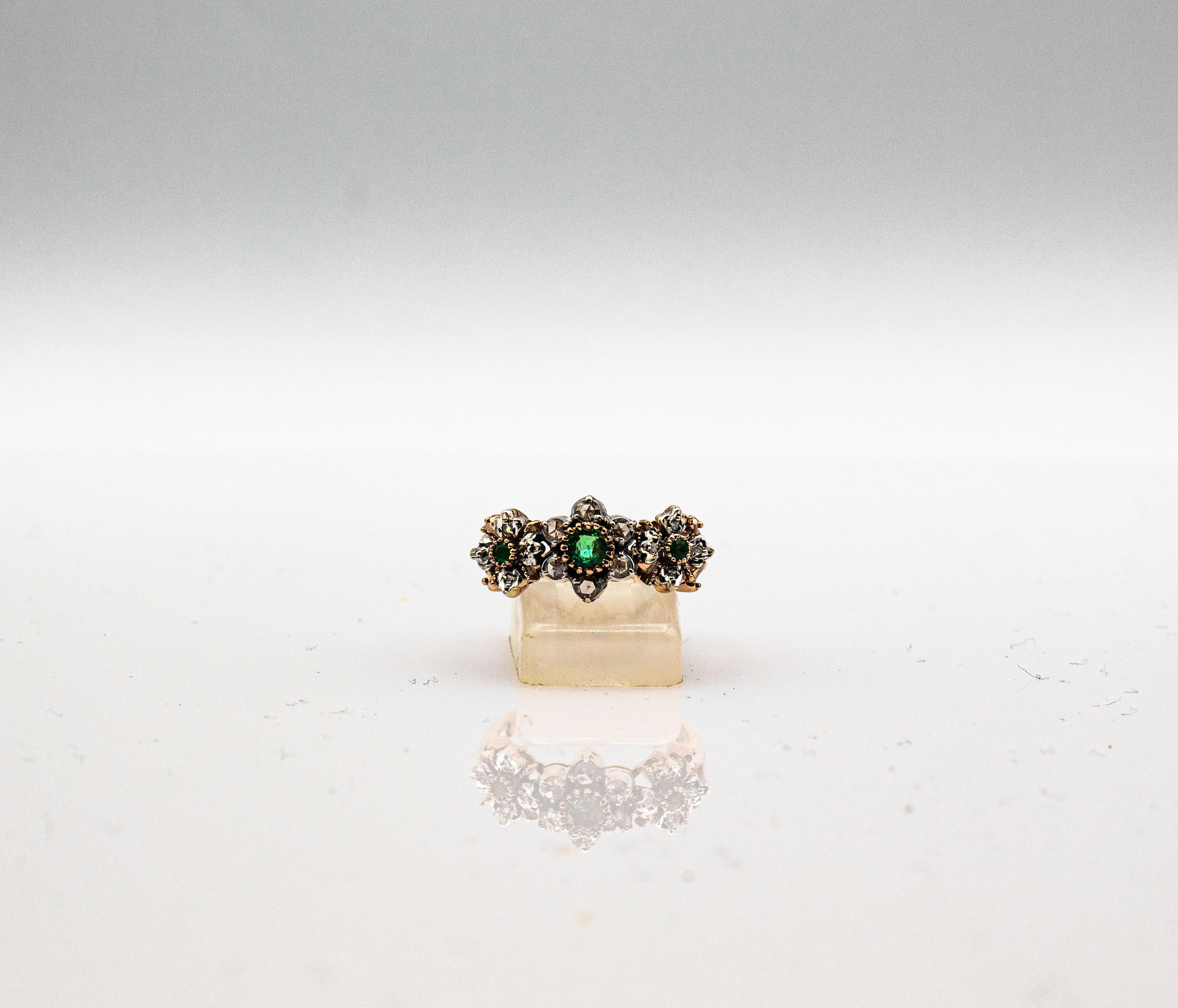 Art Deco Style 0.82 Carat White Rose Cut Diamond Emerald Yellow Gold Band Ring 3