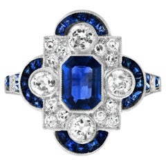 Art Deco Style 0.85 CT Center Sapphire Diamond 2.31 TCW Platinum Engagement Ring
