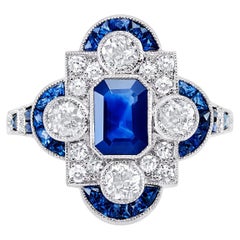 Art Deco Style 0.85 CT Center Sapphire Diamond 2.31 TCW Platinum Engagement Ring