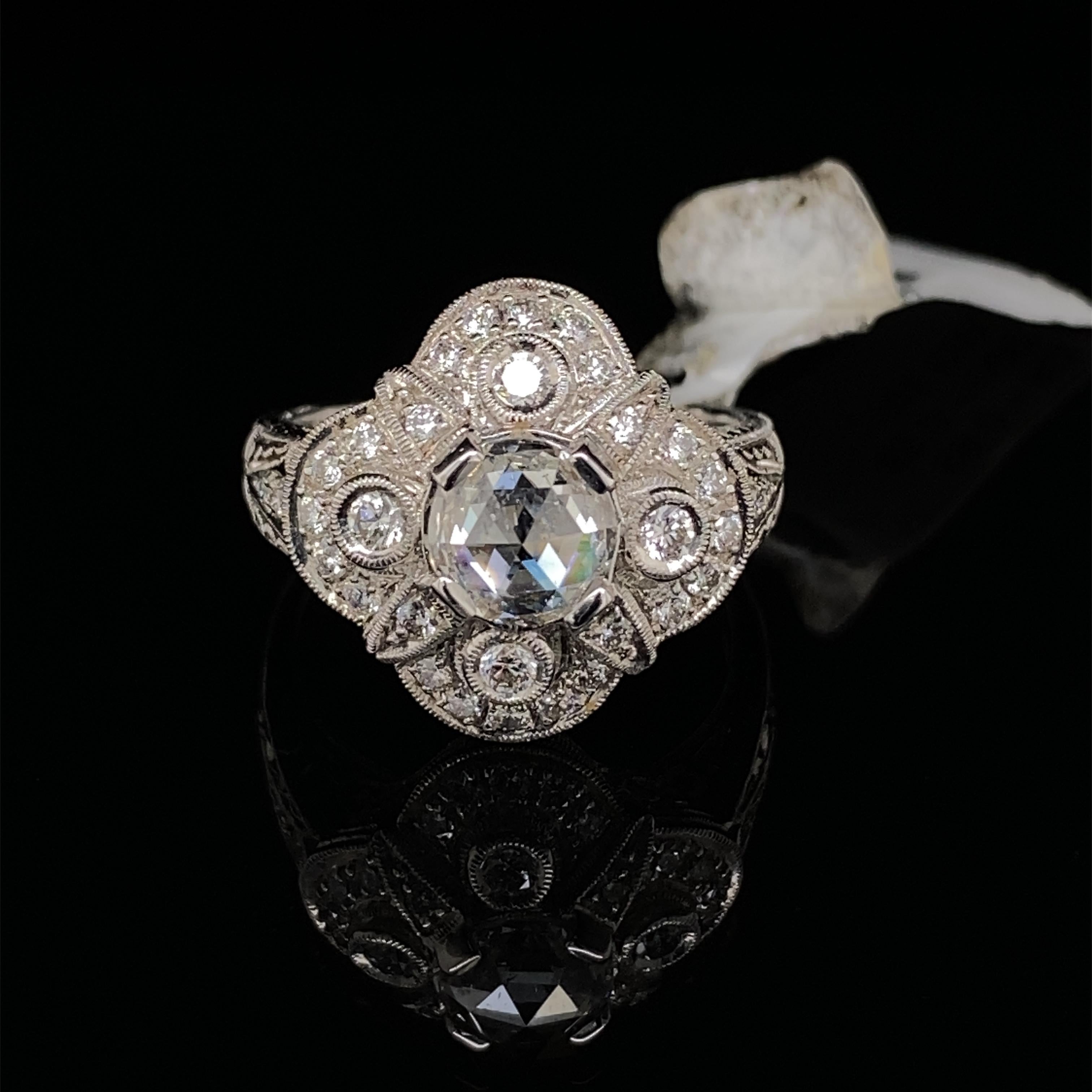 Art Deco Style 0.85ct Rose Cut Diamond 18k White Gold Ring In New Condition For Sale In BEVERLY HILLS, CA