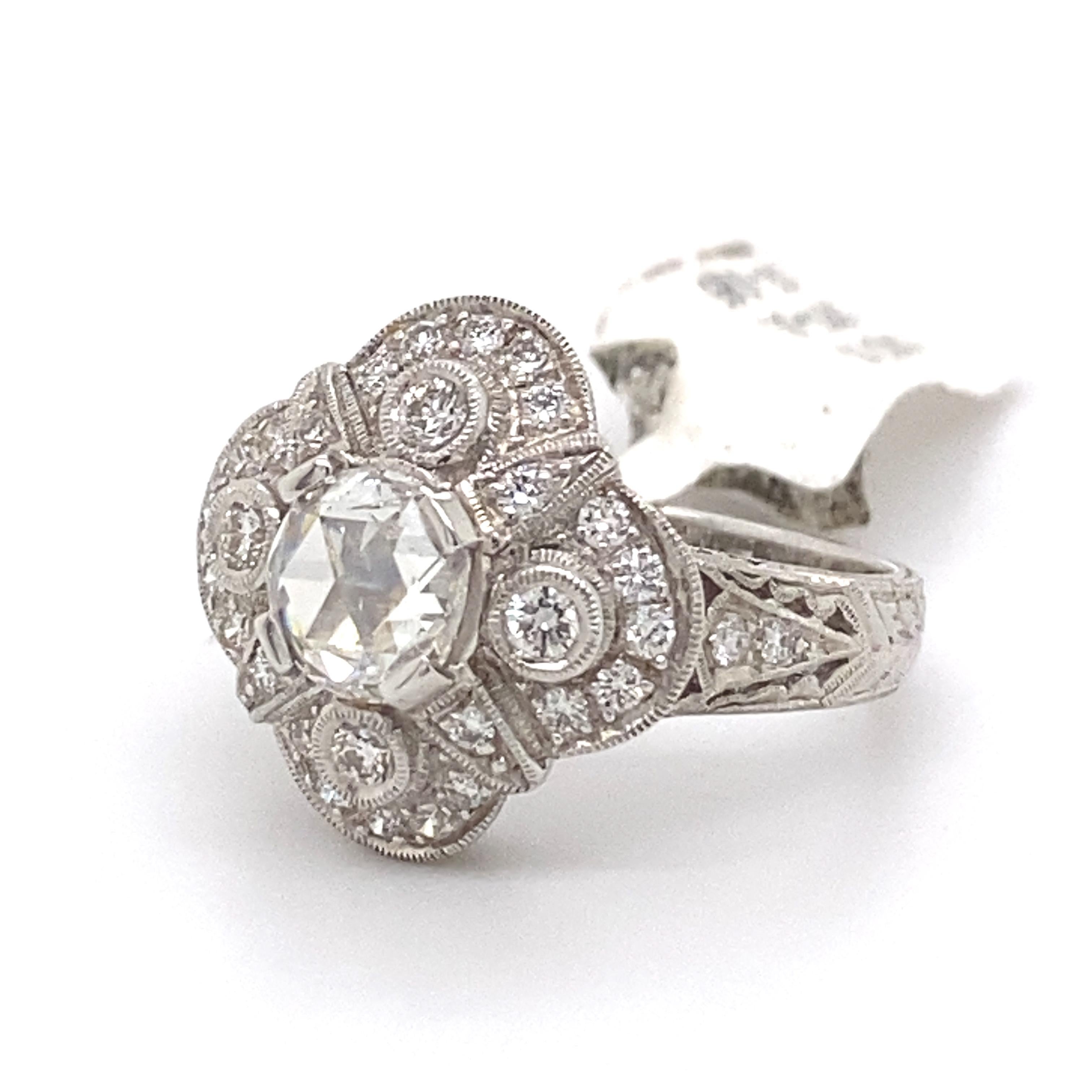 Women's or Men's Art Deco Style 0.85ct Rose Cut Diamond 18k White Gold Ring For Sale