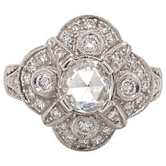 Antique Art Deco Style 0.85ct Rose Cut Diamond 18k White Gold Ring