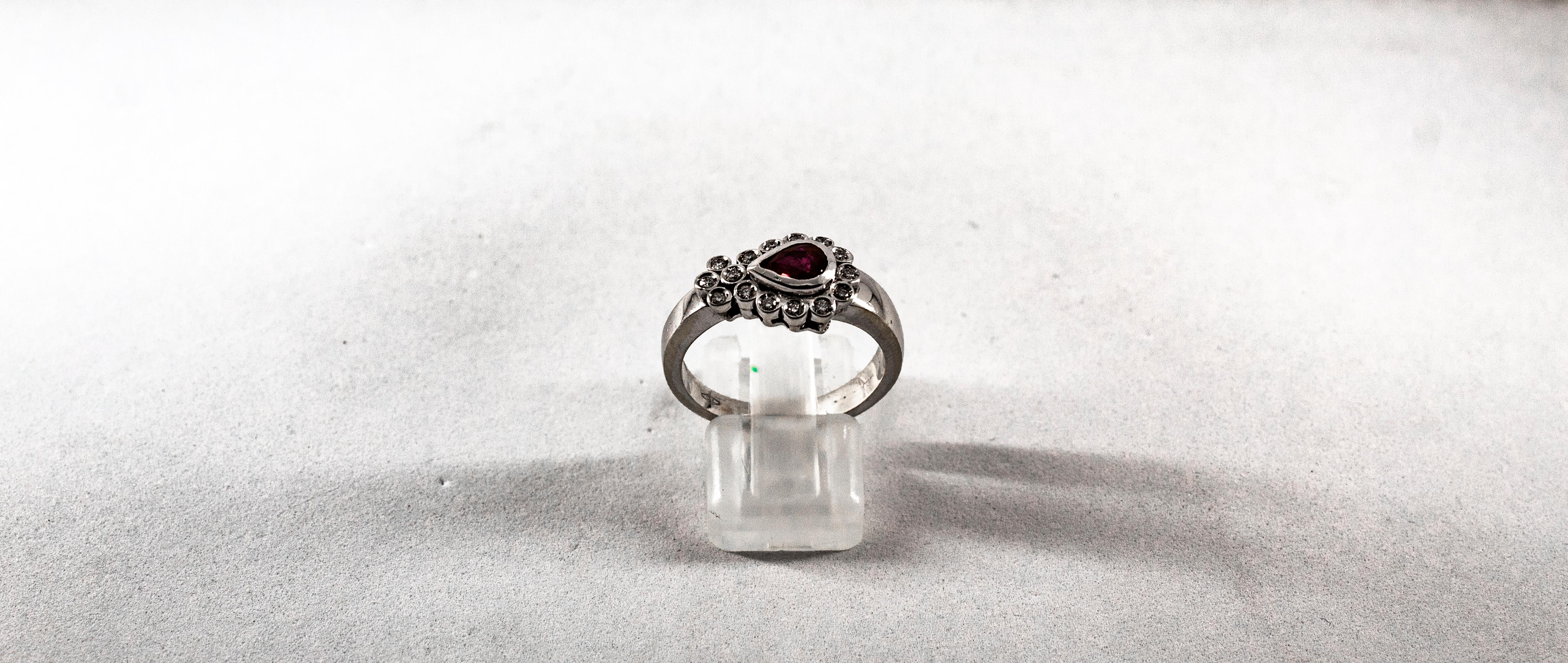 Brilliant Cut Art Deco Style 0.88 Carat White Diamond Pear Cut Ruby White Gold Cocktail Ring For Sale