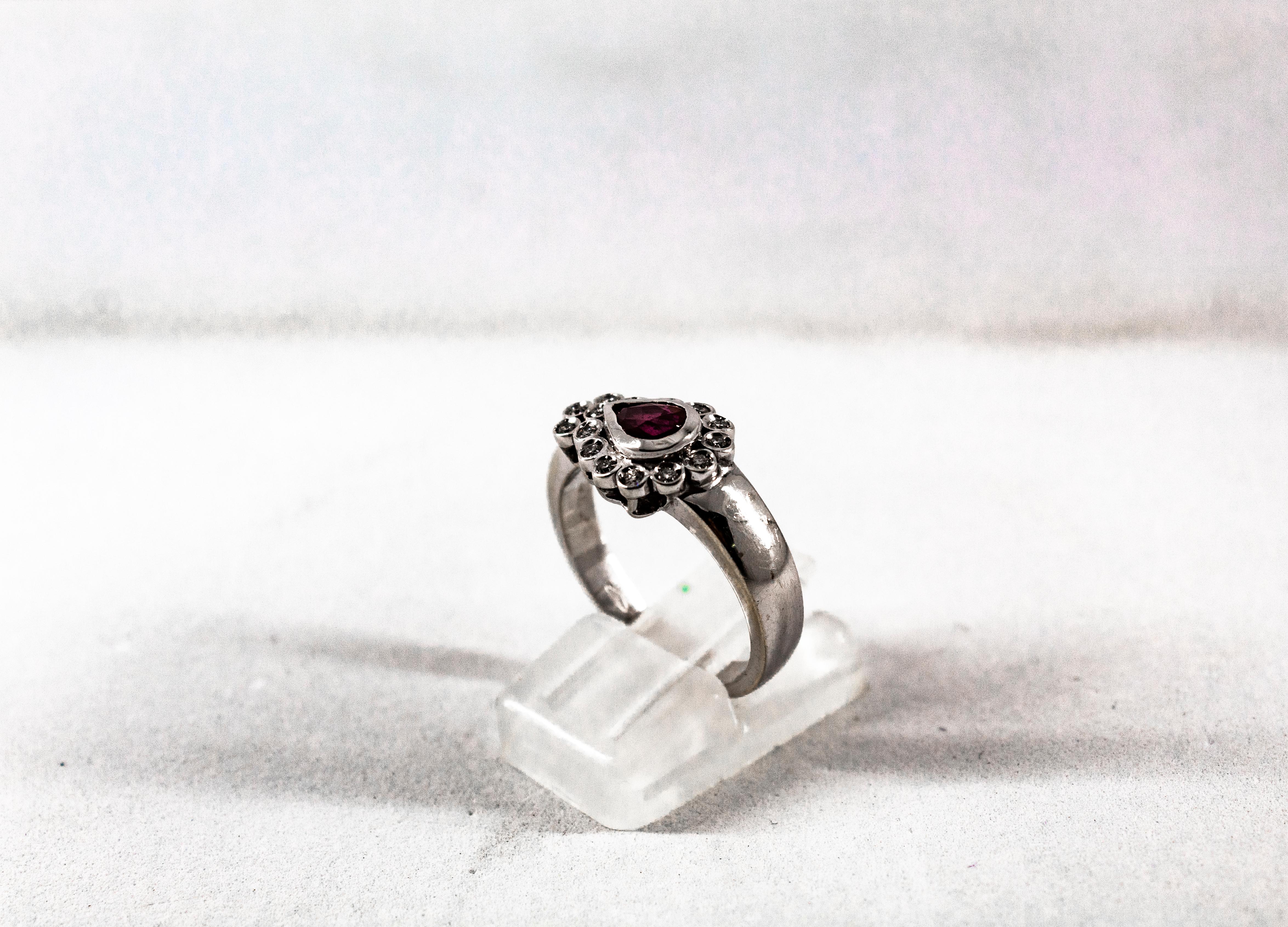 Art Deco Style 0.88 Carat White Diamond Pear Cut Ruby White Gold Cocktail Ring In New Condition For Sale In Naples, IT
