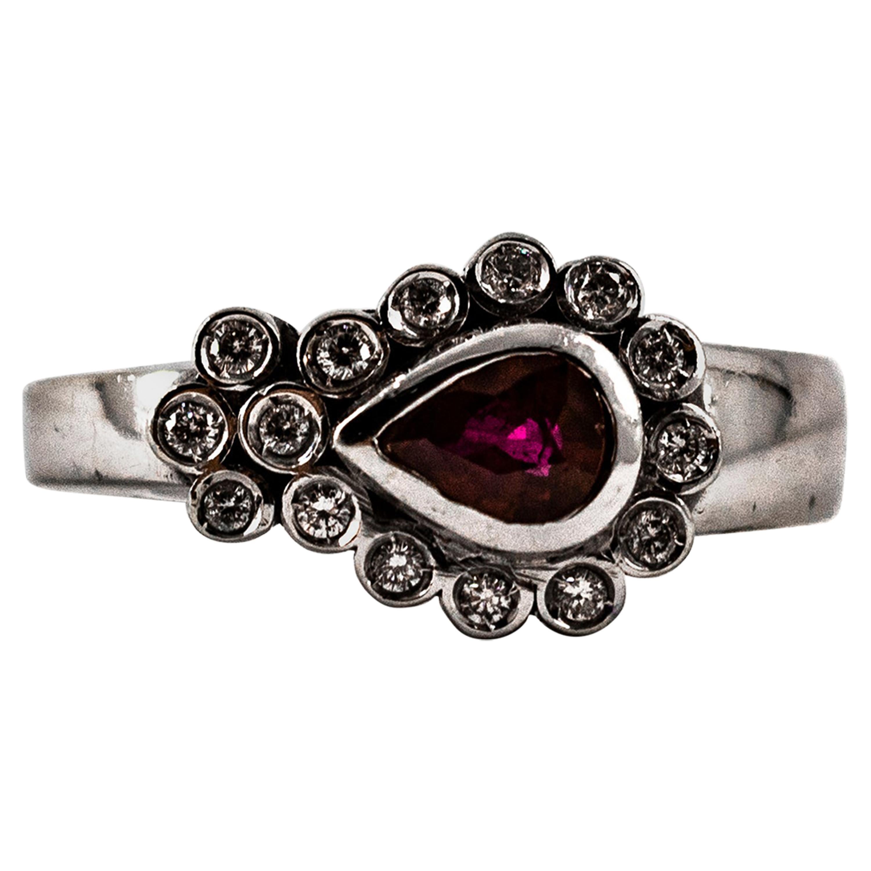 Art Deco Style 0.88 Carat White Diamond Pear Cut Ruby White Gold Cocktail Ring