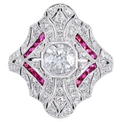 Art Deco Style 0.9 CT Diamond French Cut Ruby 1.78 TCW Platinum Engagement Ring