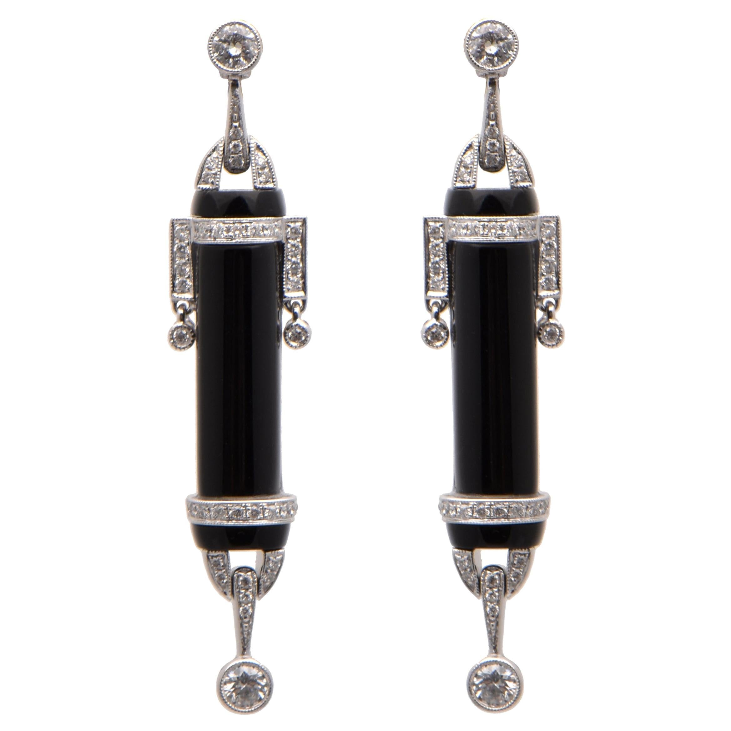 Art Deco Style 1 Carat Diamond and Onyx Earrings in 18 Carat White Gold For Sale