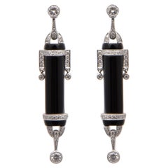 Art Deco Style 1 Carat Diamond and Onyx Earrings in 18 Carat White Gold
