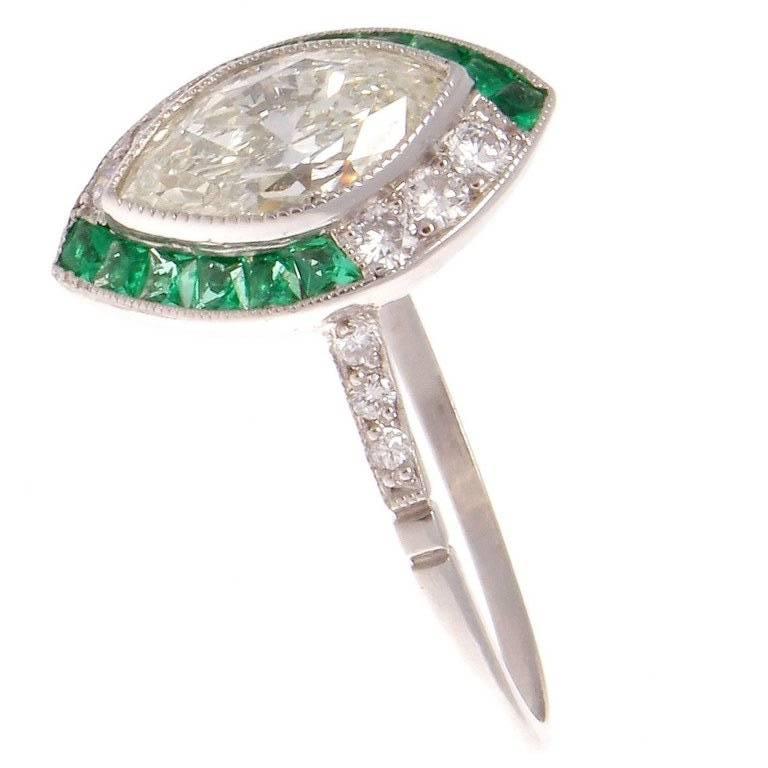 Art Deco Style 1 Carat Marquise Unique Diamond Emerald Platinum Engagement Ring In New Condition In Beverly Hills, CA