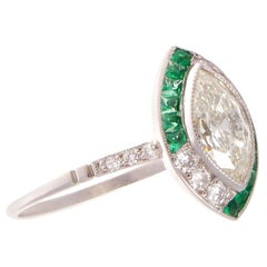 Art Deco Style 1 Carat Marquise Unique Diamond Emerald Platinum Engagement Ring
