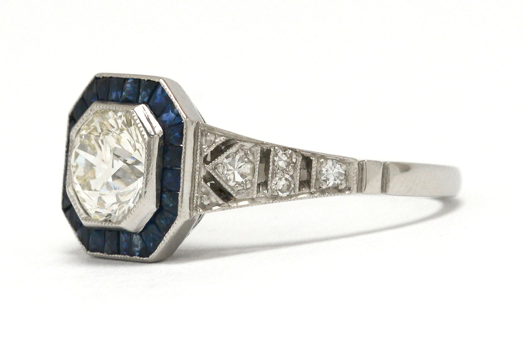 ON HOLD Art Deco Style Diamond Engagement Ring Over 1 Ct Solitaire Sapphire Halo In Good Condition In Santa Barbara, CA