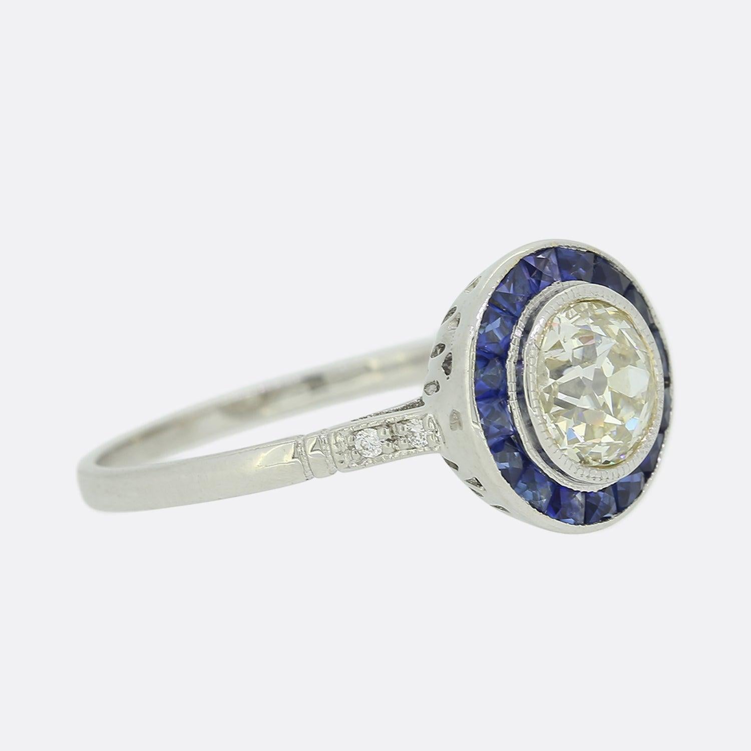 Old European Cut Art Deco Style 1.0 Carat Diamond and Sapphire Target Ring For Sale
