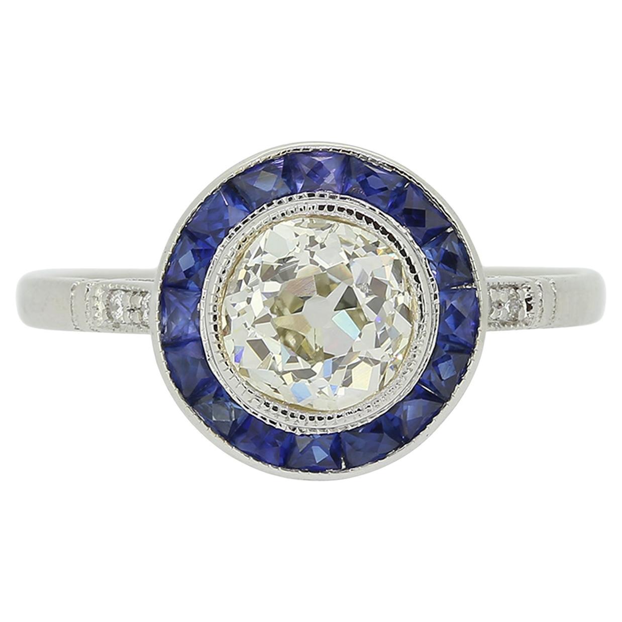 Art Deco Style 1.0 Carat Diamond and Sapphire Target Ring