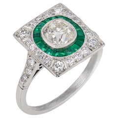 Art Deco style 1.00 carat old mine cut diamond emerald platinum target ring