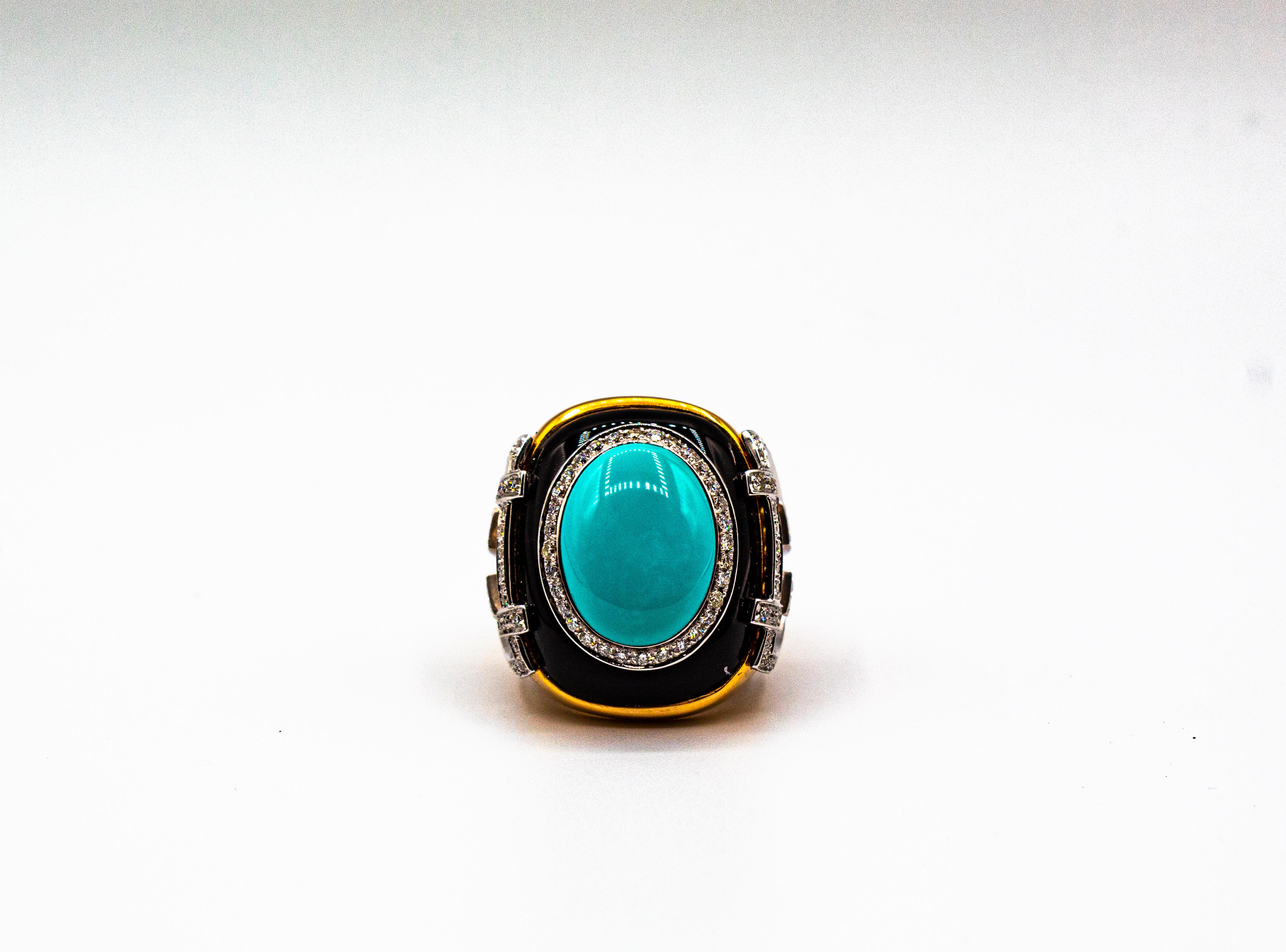 Art Deco Style 1.00 Carat White Diamond Turquoise Onyx Yellow Gold Cocktail Ring For Sale 5