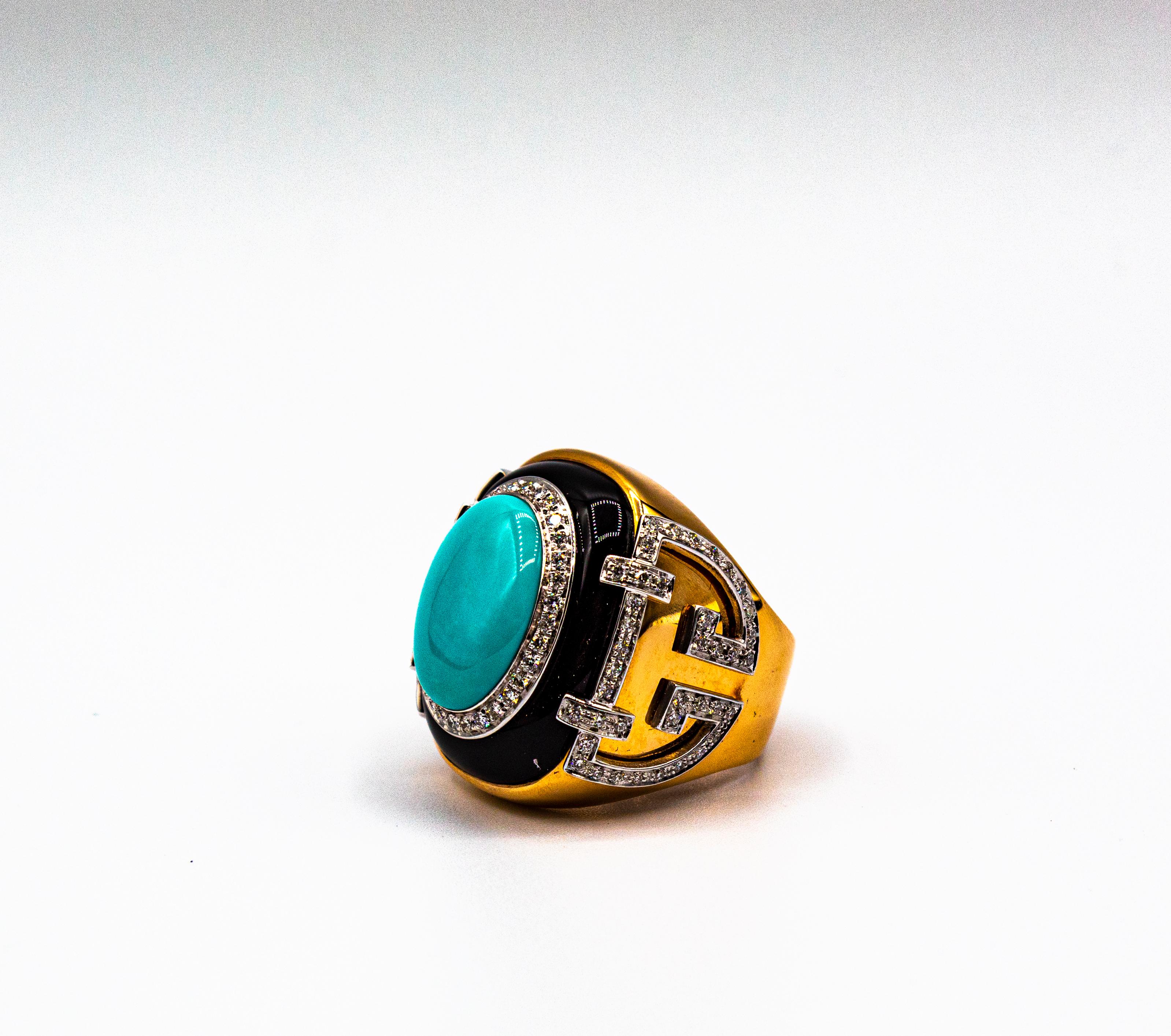 Art Deco Style 1.00 Carat White Diamond Turquoise Onyx Yellow Gold Cocktail Ring For Sale 6
