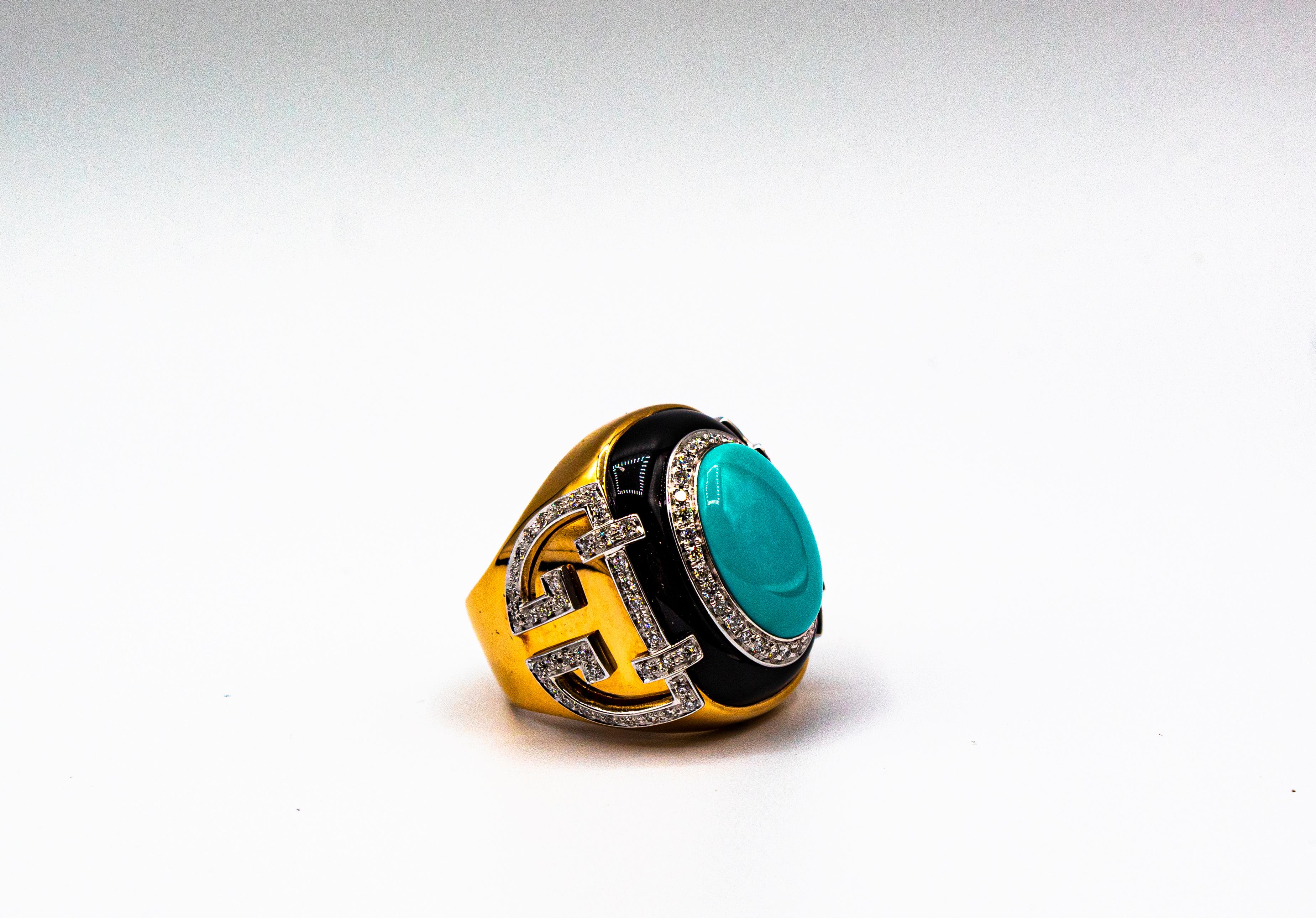 Art Deco Style 1.00 Carat White Diamond Turquoise Onyx Yellow Gold Cocktail Ring For Sale 8
