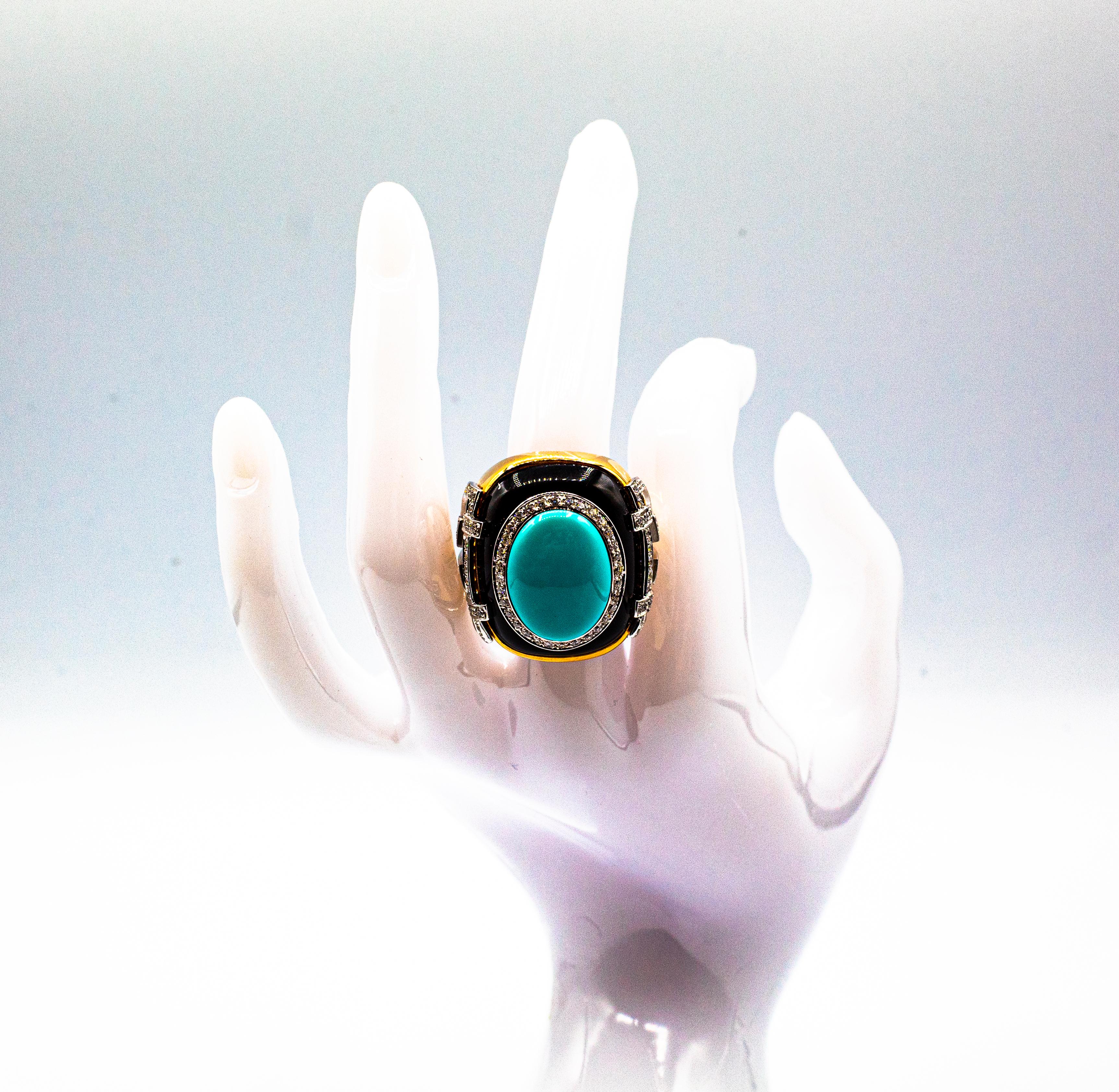 Art Deco Style 1.00 Carat White Diamond Turquoise Onyx Yellow Gold Cocktail Ring 9