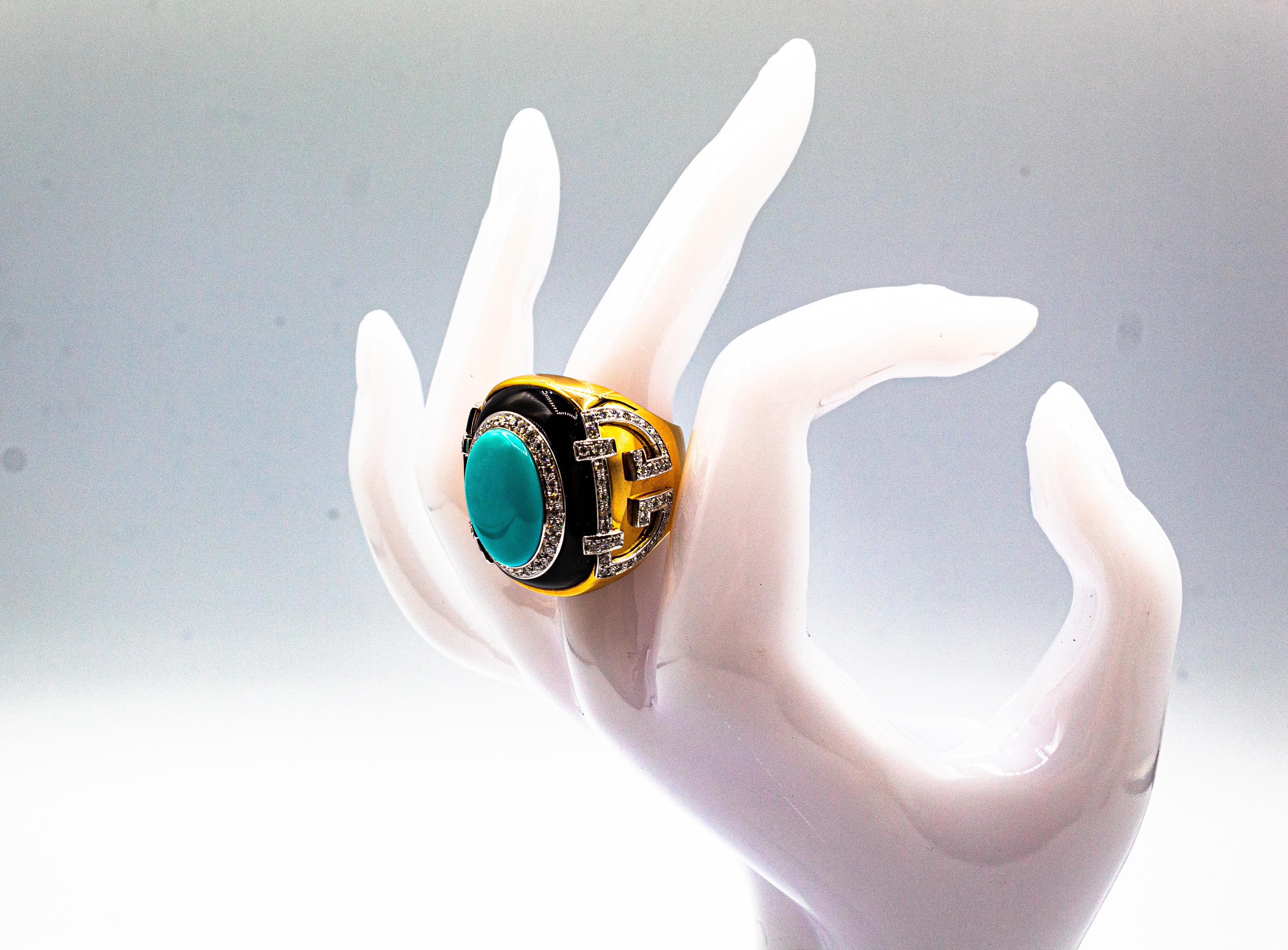Art Deco Style 1.00 Carat White Diamond Turquoise Onyx Yellow Gold Cocktail Ring 10
