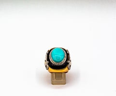 Art Deco Style 1.00 Carat White Diamond Turquoise Onyx Yellow Gold Cocktail Ring