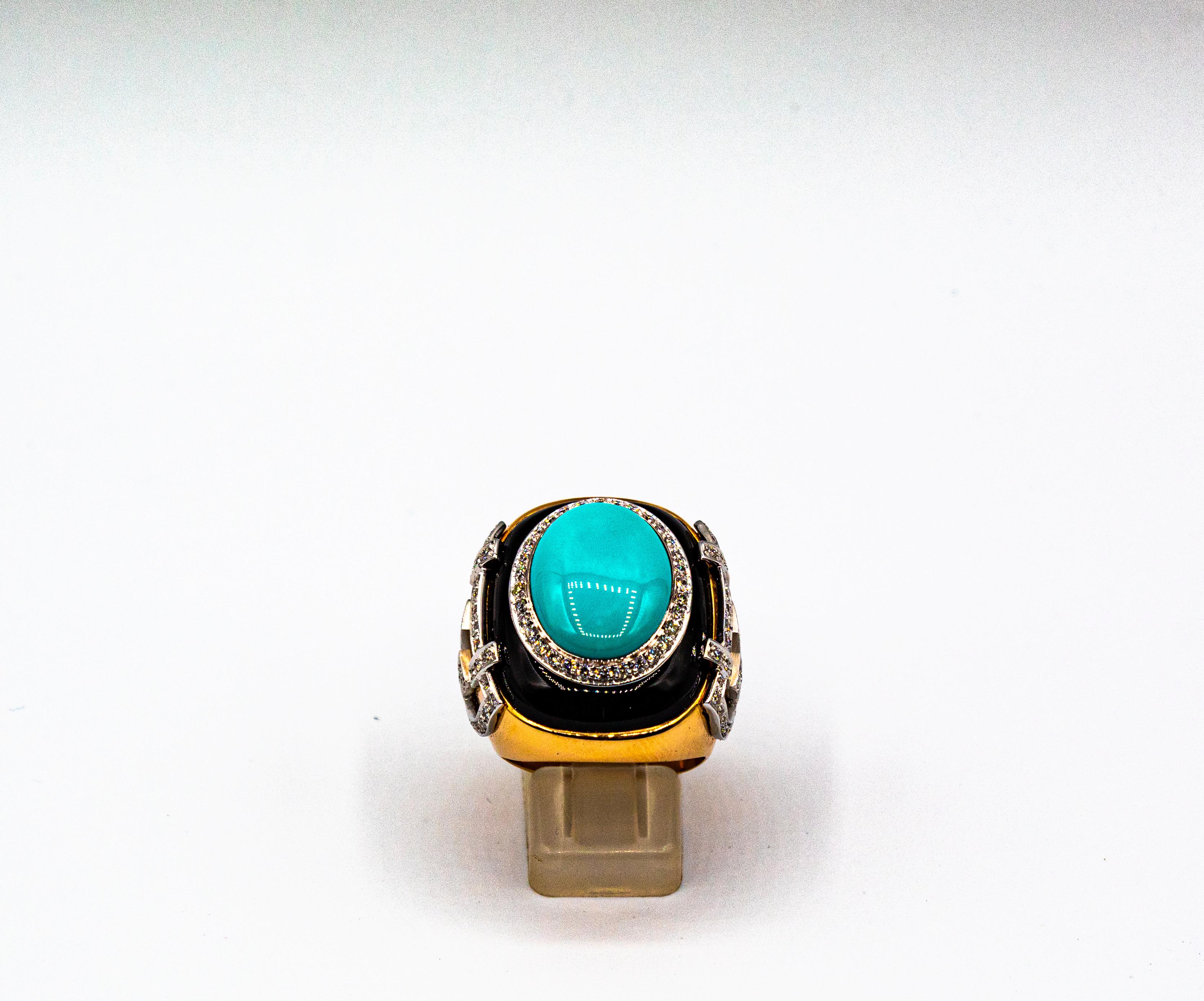 Brilliant Cut Art Deco Style 1.00 Carat White Diamond Turquoise Onyx Yellow Gold Cocktail Ring For Sale