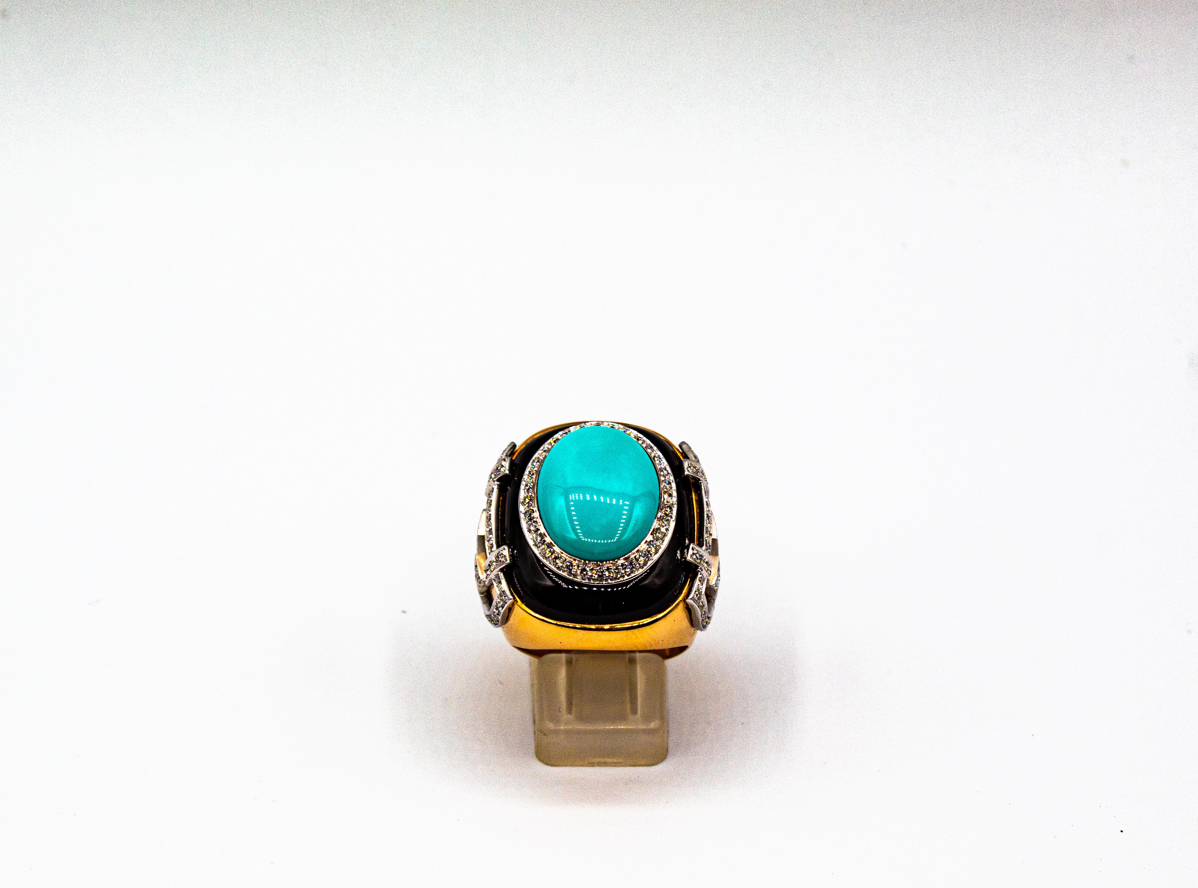 Art Deco Style 1.00 Carat White Diamond Turquoise Onyx Yellow Gold Cocktail Ring In New Condition In Naples, IT