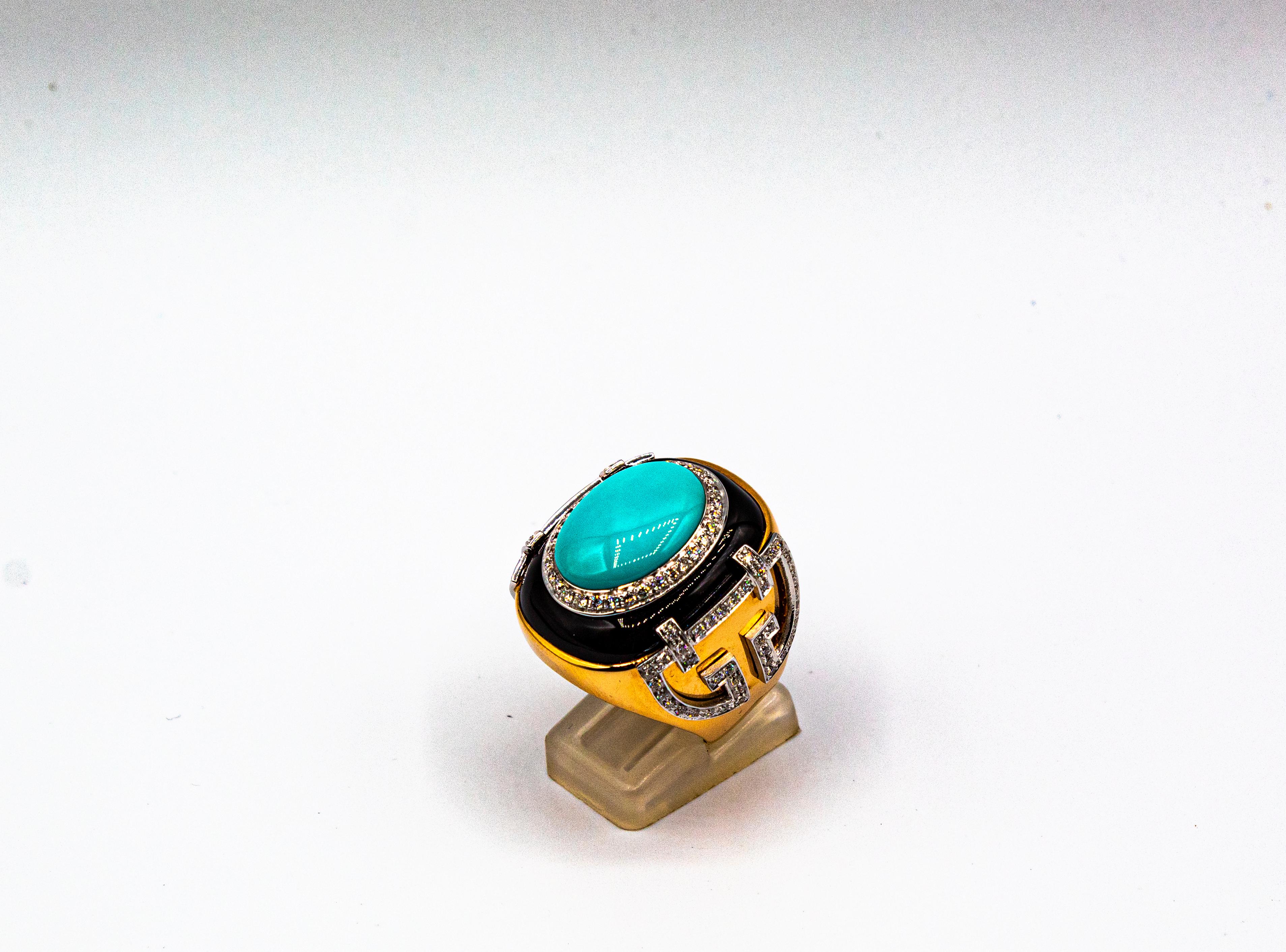 Women's or Men's Art Deco Style 1.00 Carat White Diamond Turquoise Onyx Yellow Gold Cocktail Ring