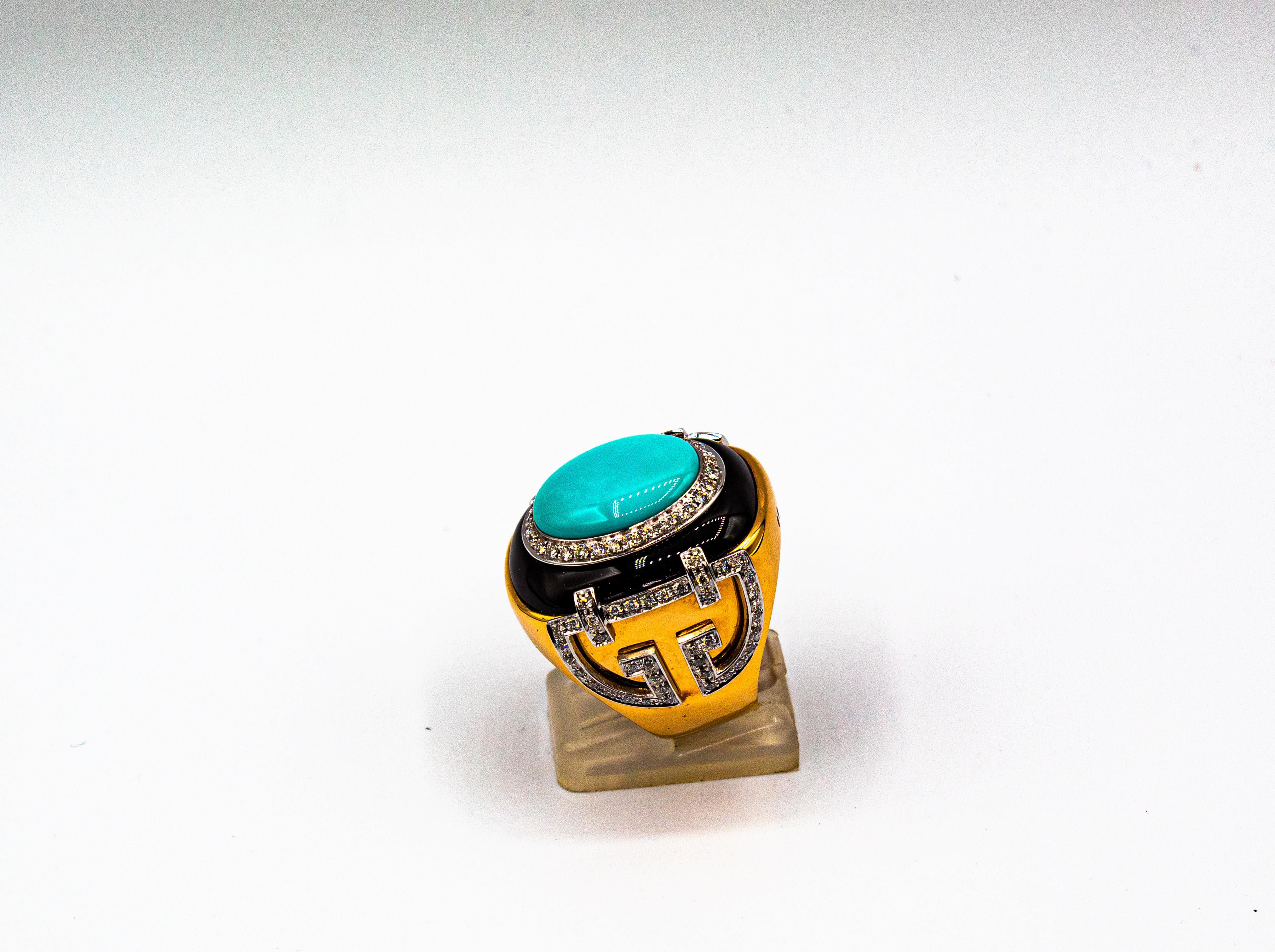 Art Deco Style 1.00 Carat White Diamond Turquoise Onyx Yellow Gold Cocktail Ring For Sale 1