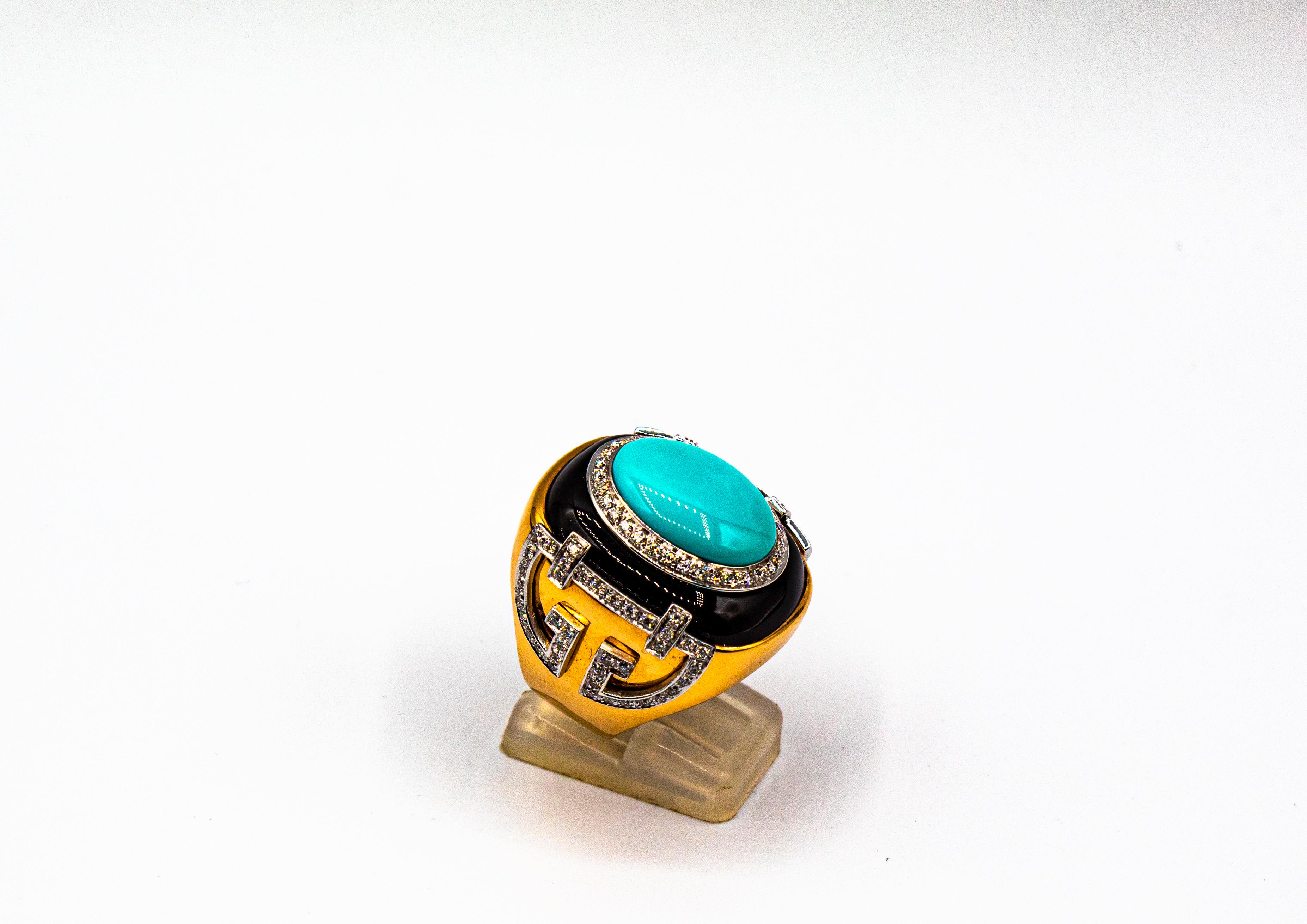 Art Deco Style 1.00 Carat White Diamond Turquoise Onyx Yellow Gold Cocktail Ring For Sale 2