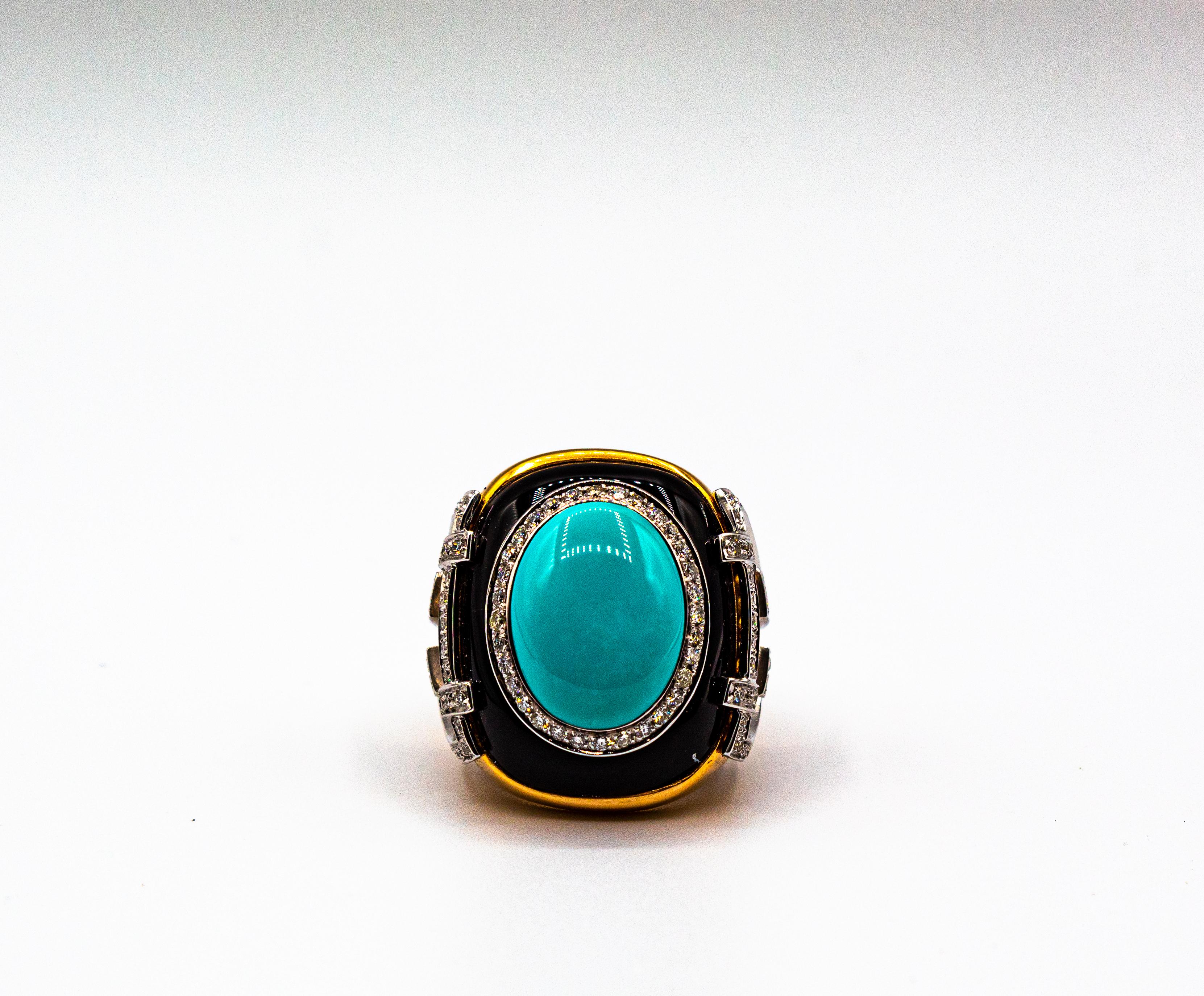 Art Deco Style 1.00 Carat White Diamond Turquoise Onyx Yellow Gold Cocktail Ring For Sale 3