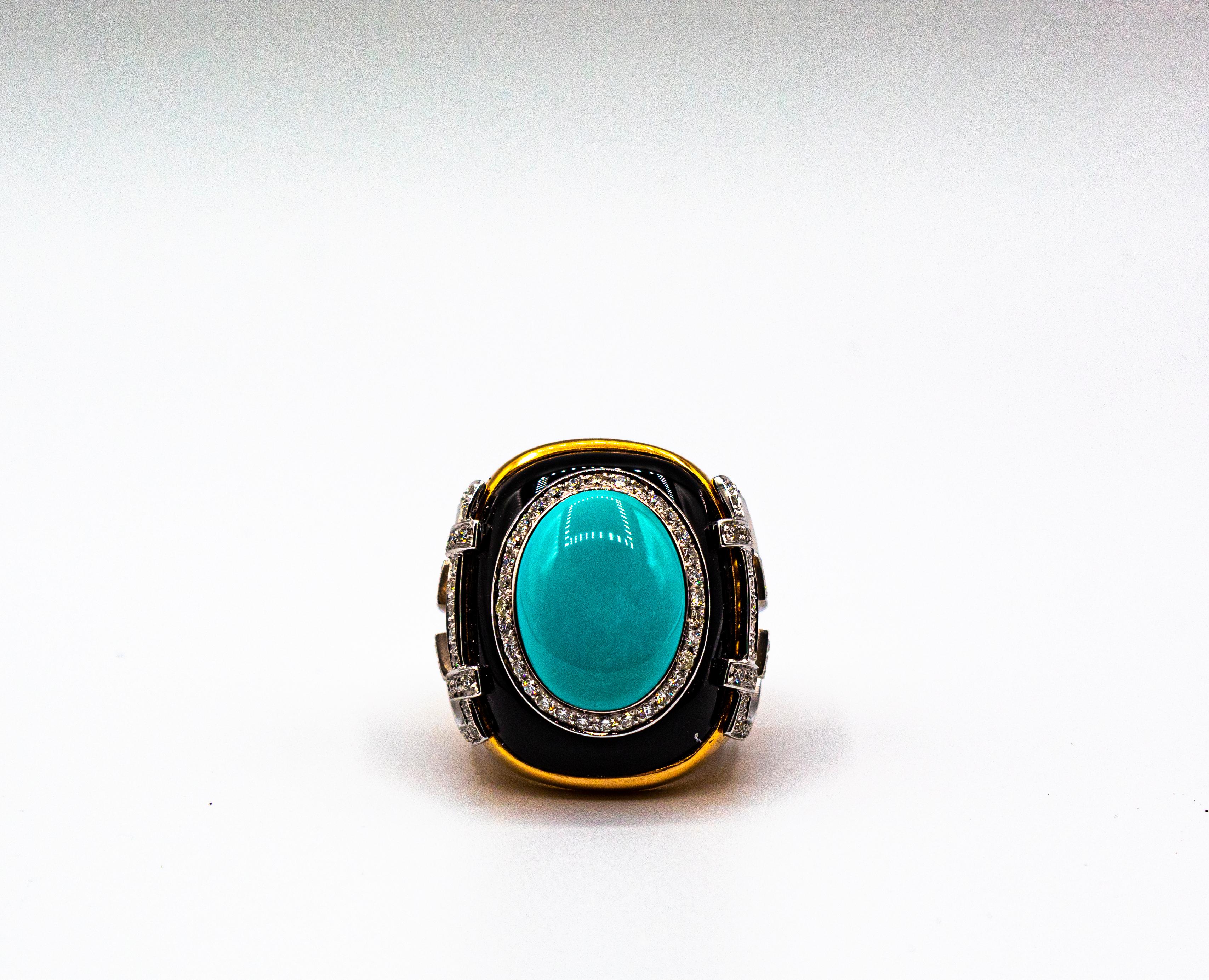Art Deco Style 1.00 Carat White Diamond Turquoise Onyx Yellow Gold Cocktail Ring For Sale 4