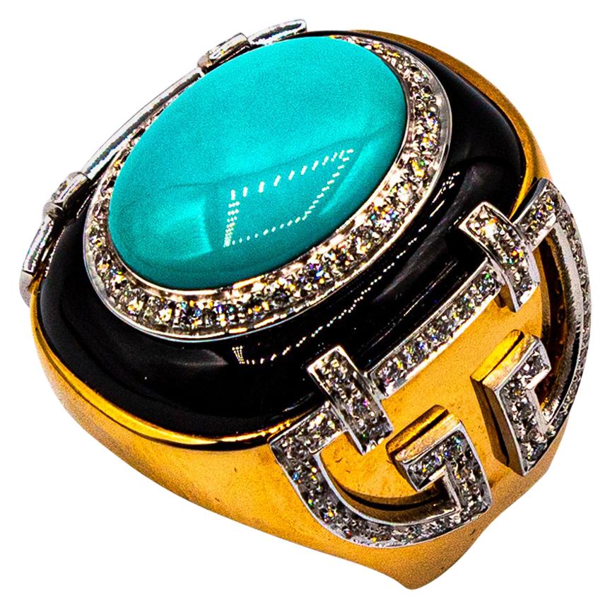 Art Deco Style 1.00 Carat White Diamond Turquoise Onyx Yellow Gold Cocktail Ring For Sale
