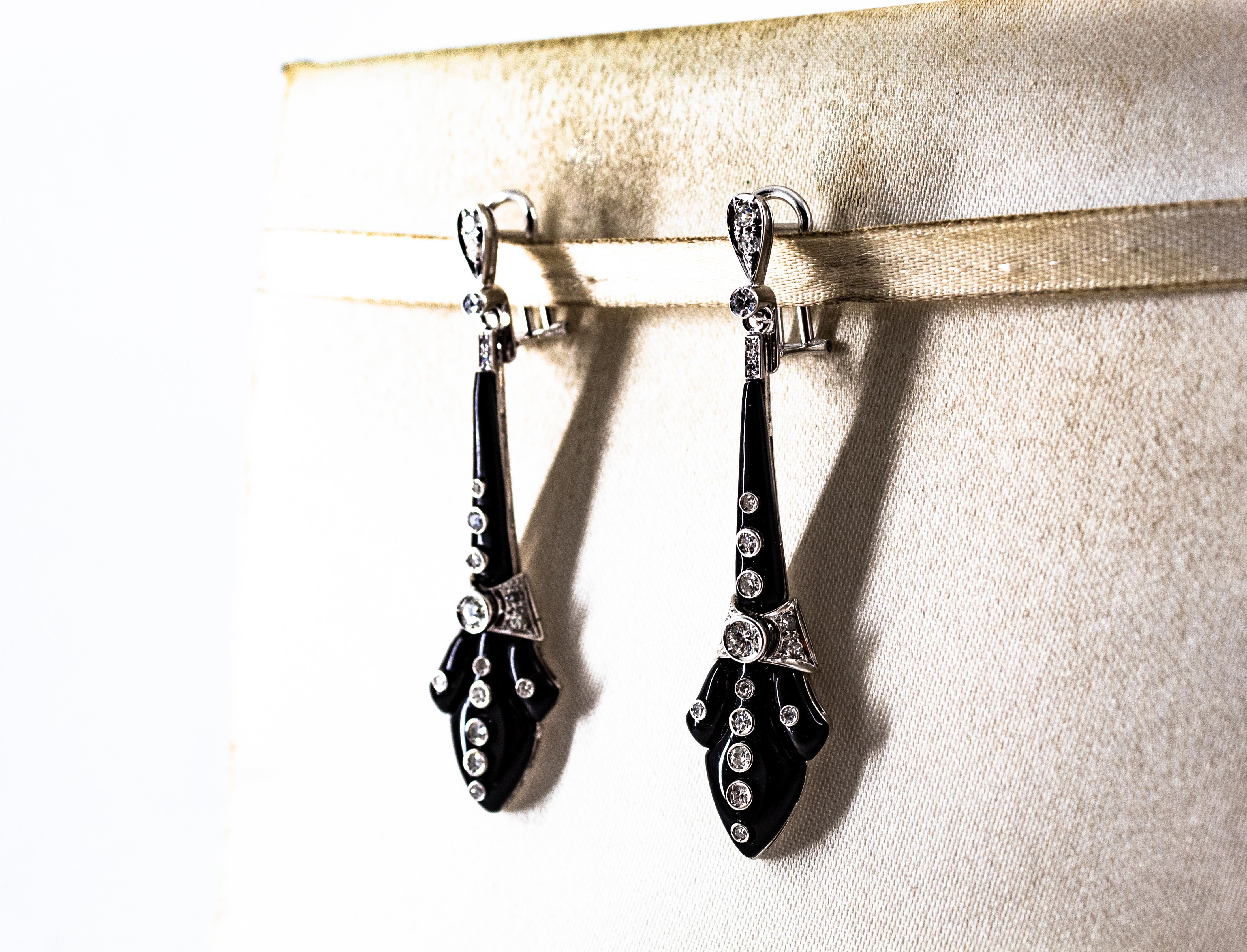 Art Deco Style 1.00 Carat White Diamonds Onyx White Gold Clip-On Drop Earrings For Sale 1