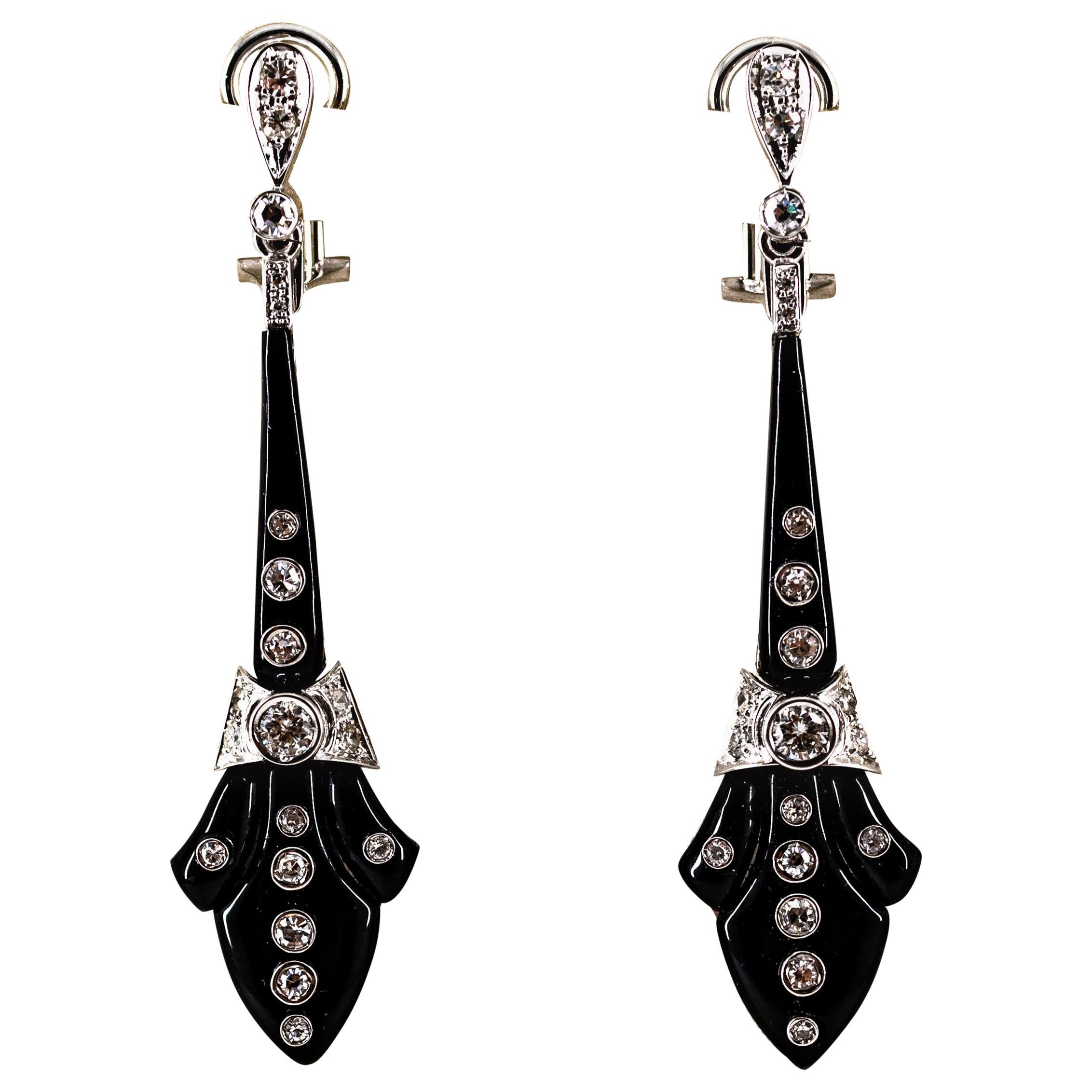 Art Deco Style 1.00 Carat White Diamonds Onyx White Gold Clip-On Drop Earrings For Sale
