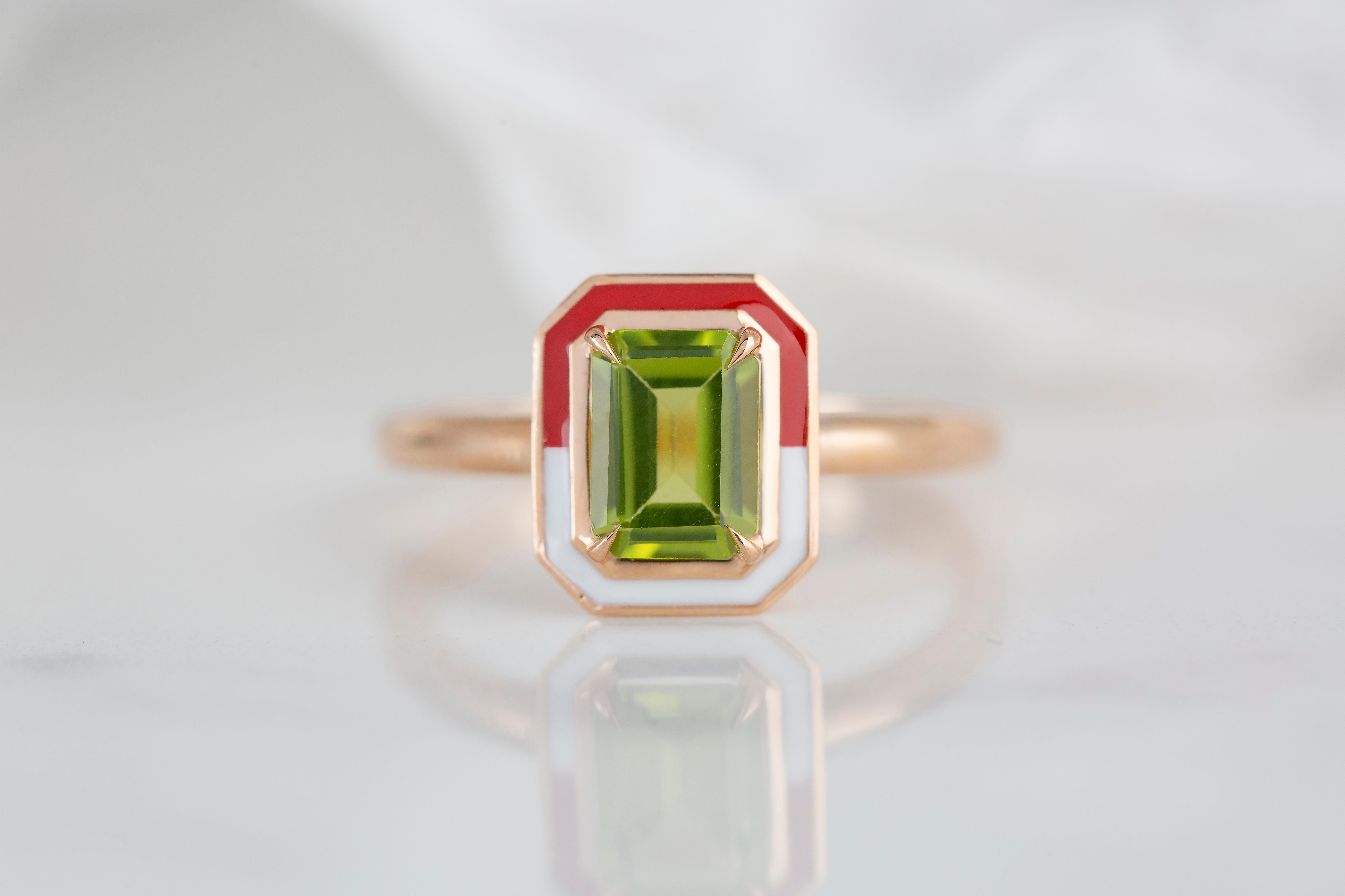 For Sale:  Art Deco Style 1.00 Ct Peridot Double Color Enamel 14K Gold Cocktail Ring 2