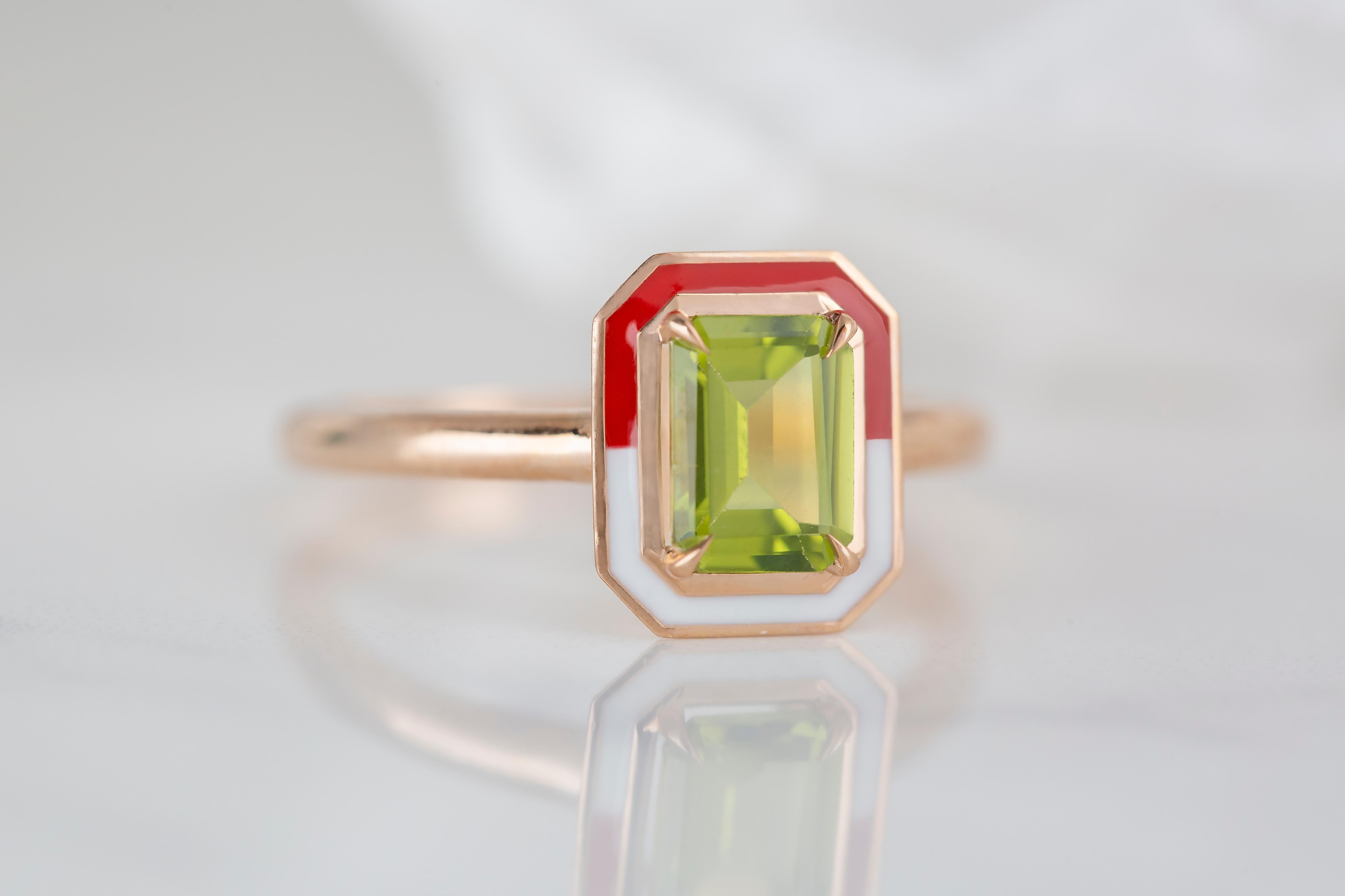 For Sale:  Art Deco Style 1.00 Ct Peridot Double Color Enamel 14K Gold Cocktail Ring 7