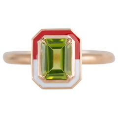 Bague cocktail en or 14 carats avec émail double couleur et péridots de 1,00 carat, style Art déco