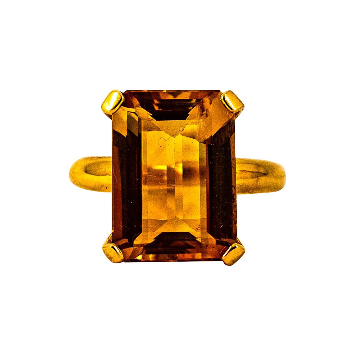 Art Deco Style 10.00 Carat Emerald Cut Citrine Yellow Gold Cocktail Ring