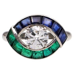 Art Deco Style 1.00ct Diamond, Sapphire and Emerald Navette Cluster Ring