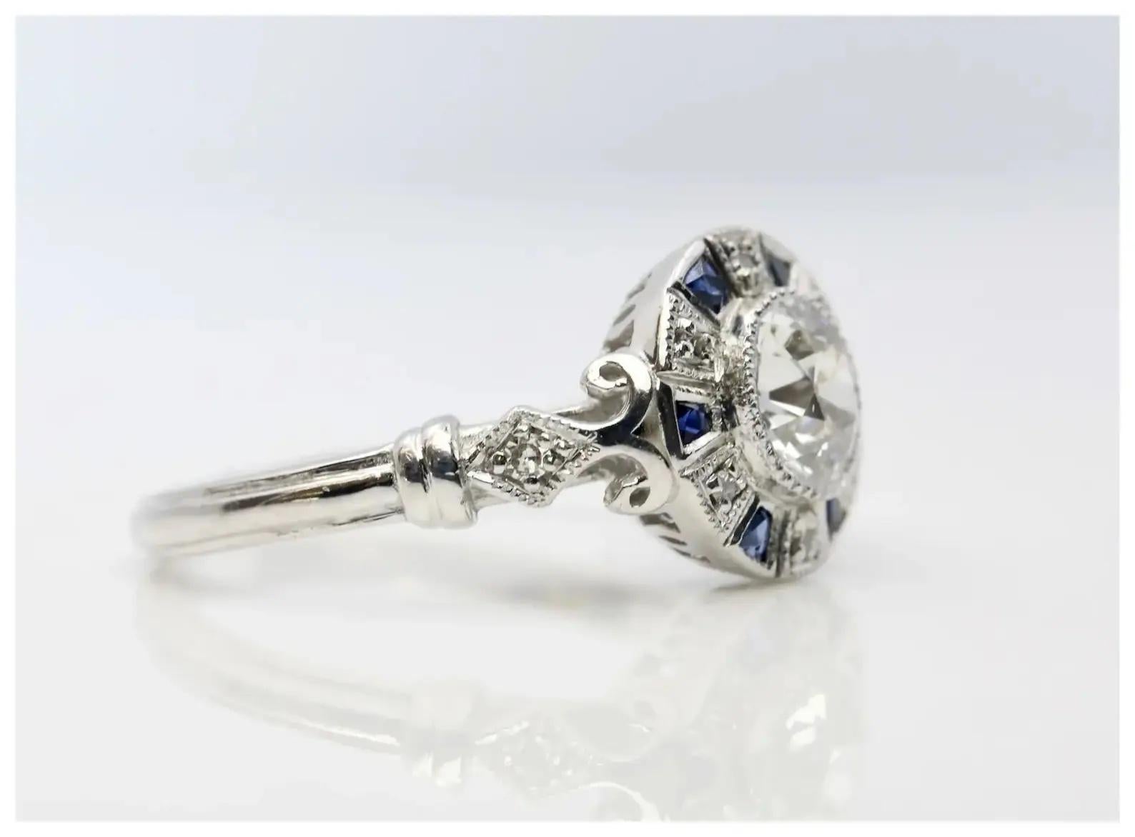 Round Cut Art Deco Style 1.01 CTW Diamond & Sapphire Target Engagement Ring in Platinum For Sale