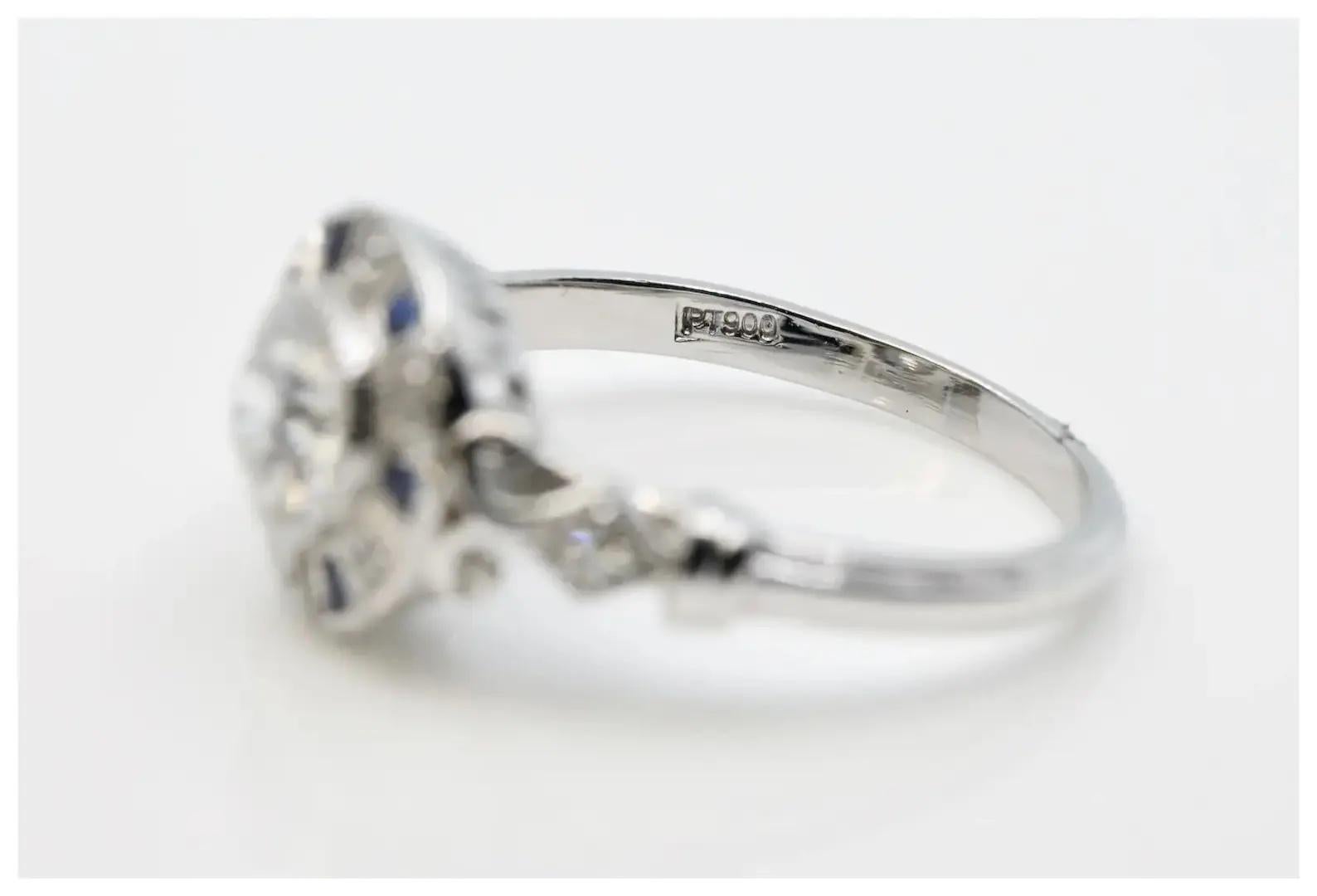 Art Deco Style 1.01 CTW Diamond & Sapphire Target Engagement Ring in Platinum In Excellent Condition For Sale In Boston, MA