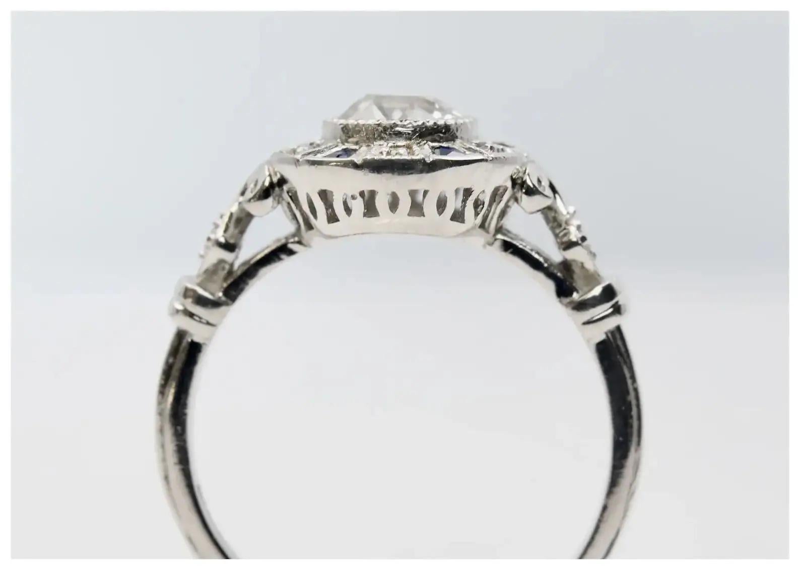 Women's Art Deco Style 1.01 CTW Diamond & Sapphire Target Engagement Ring in Platinum For Sale