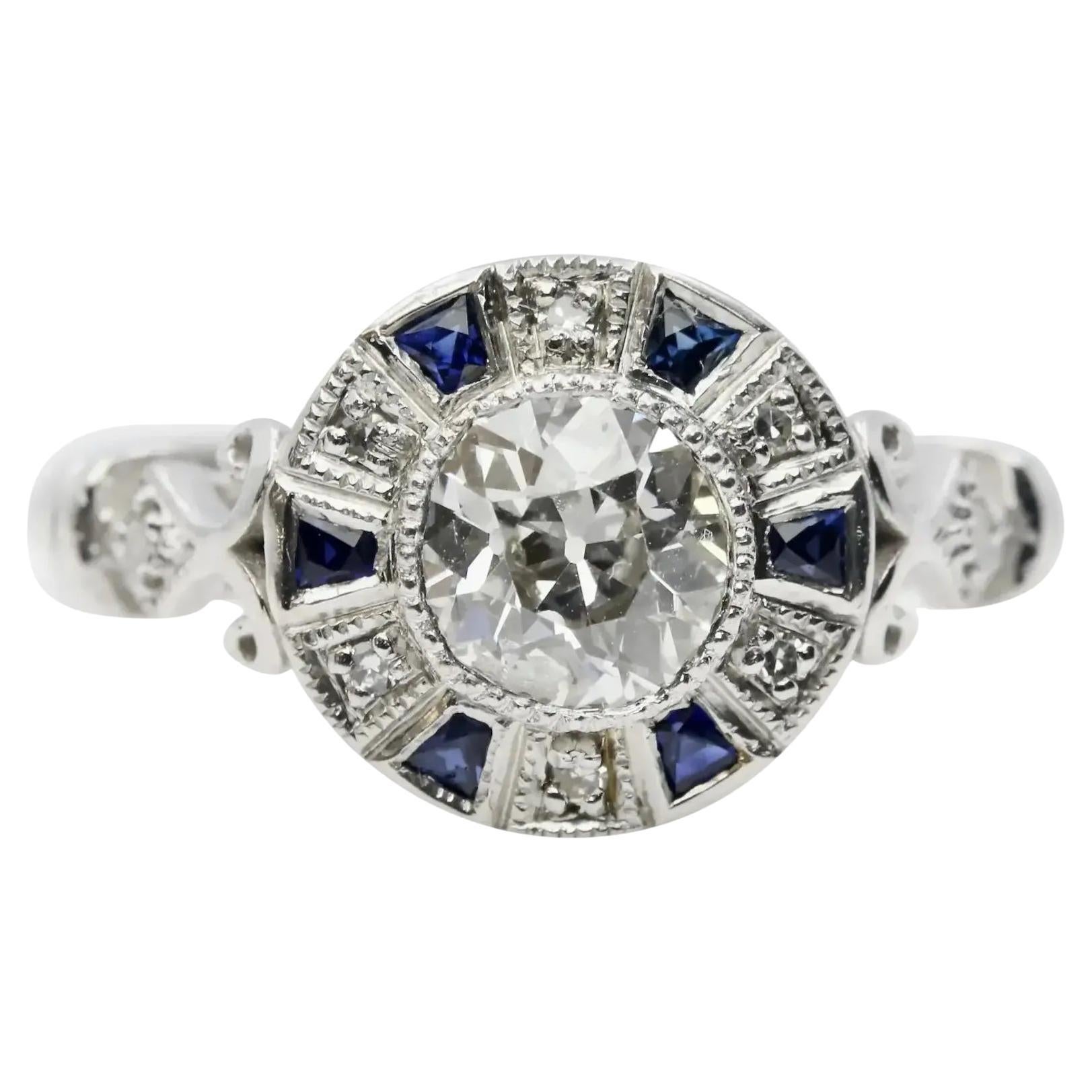 Art Deco Style 1.01 CTW Diamond & Sapphire Target Engagement Ring in Platinum For Sale