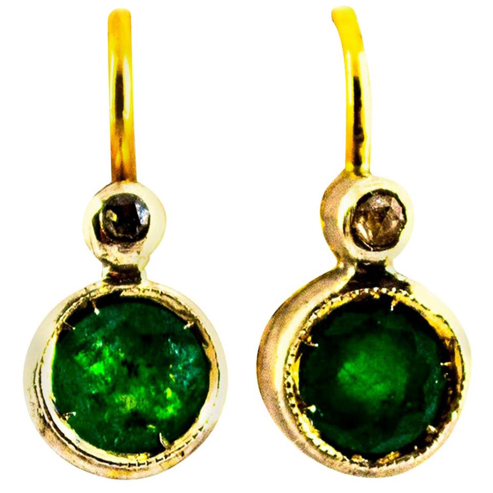 Art Deco Style 1.02 Carat Emerald White Diamond Yellow Gold Lever-Back Earrings