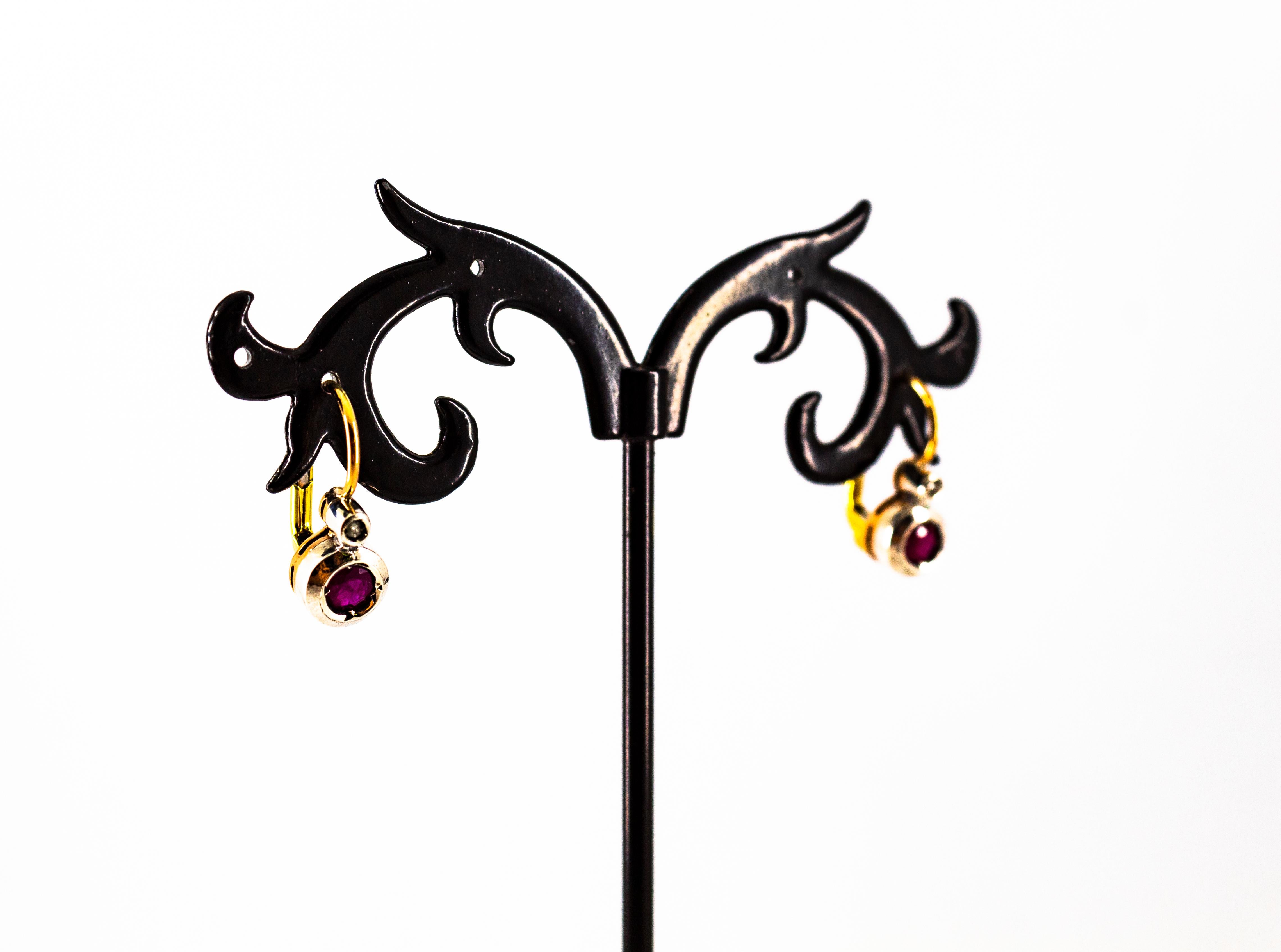 Art Deco Style 1.02 Carat Ruby White Diamond Yellow Gold Lever-Back Earrings 13