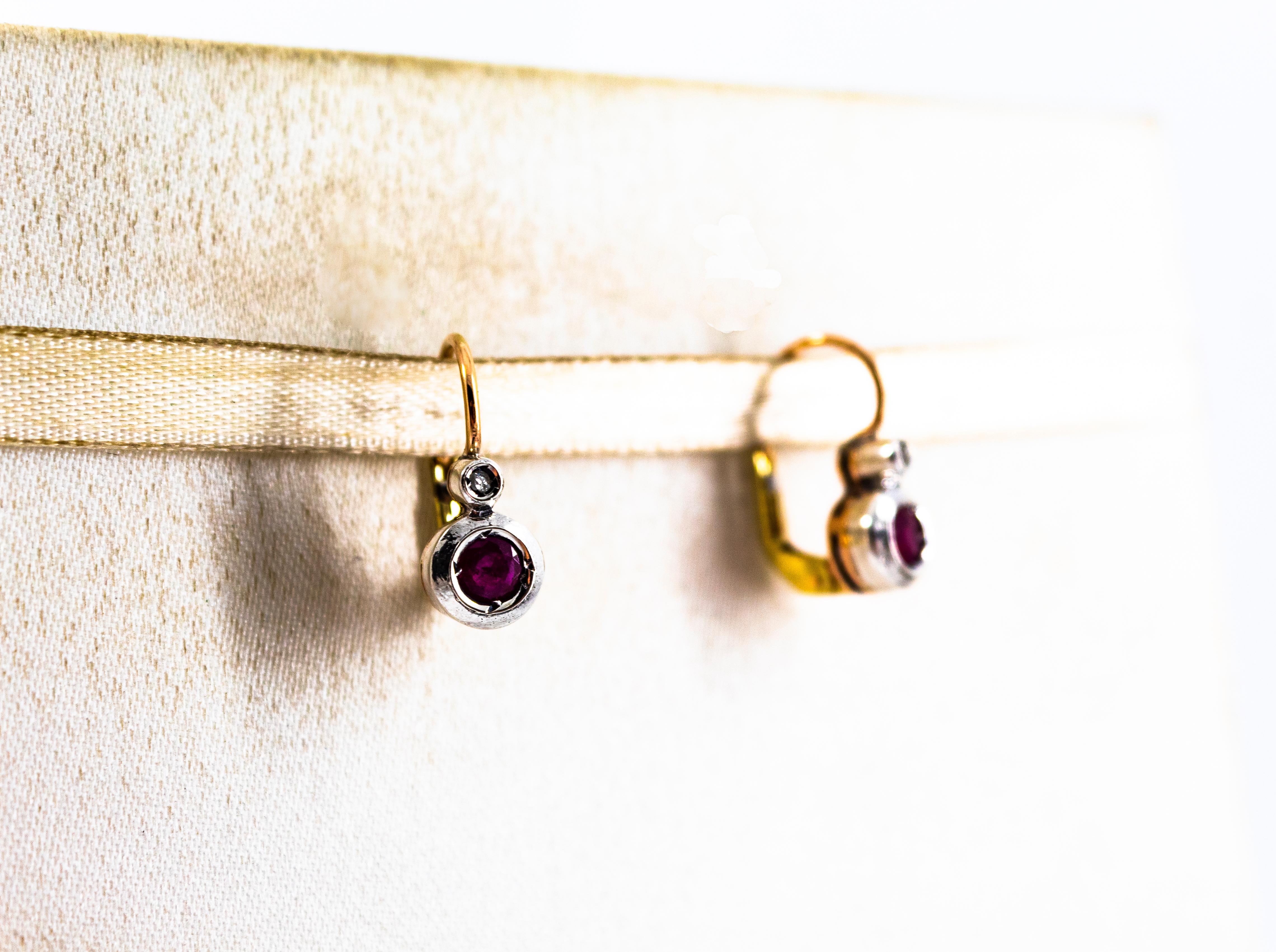 Rose Cut Art Deco Style 1.02 Carat Ruby White Diamond Yellow Gold Lever-Back Earrings